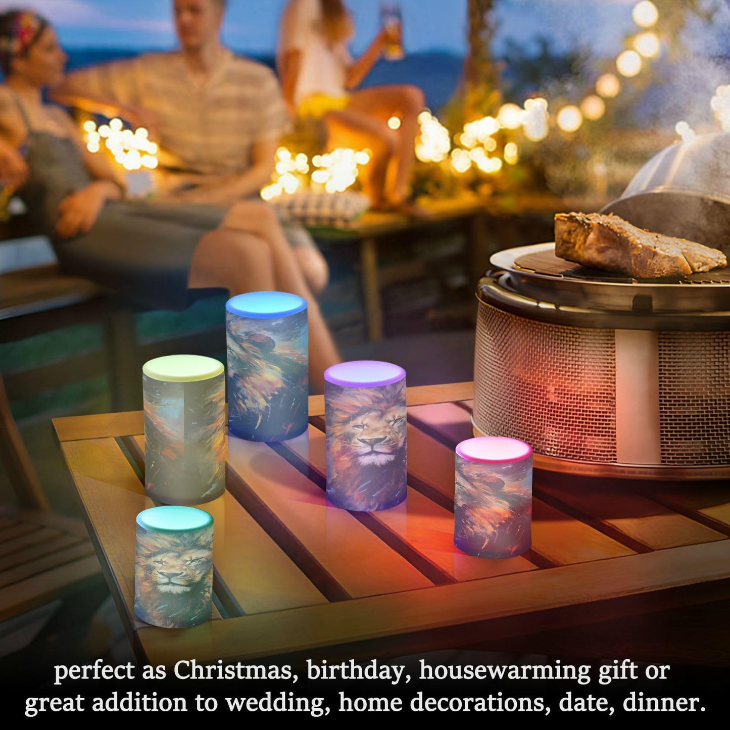 Lights Flameless Candles Painting Lion Pillar Candles Set of 2 Battery Operated Remote Control Warm Lights Home Decor