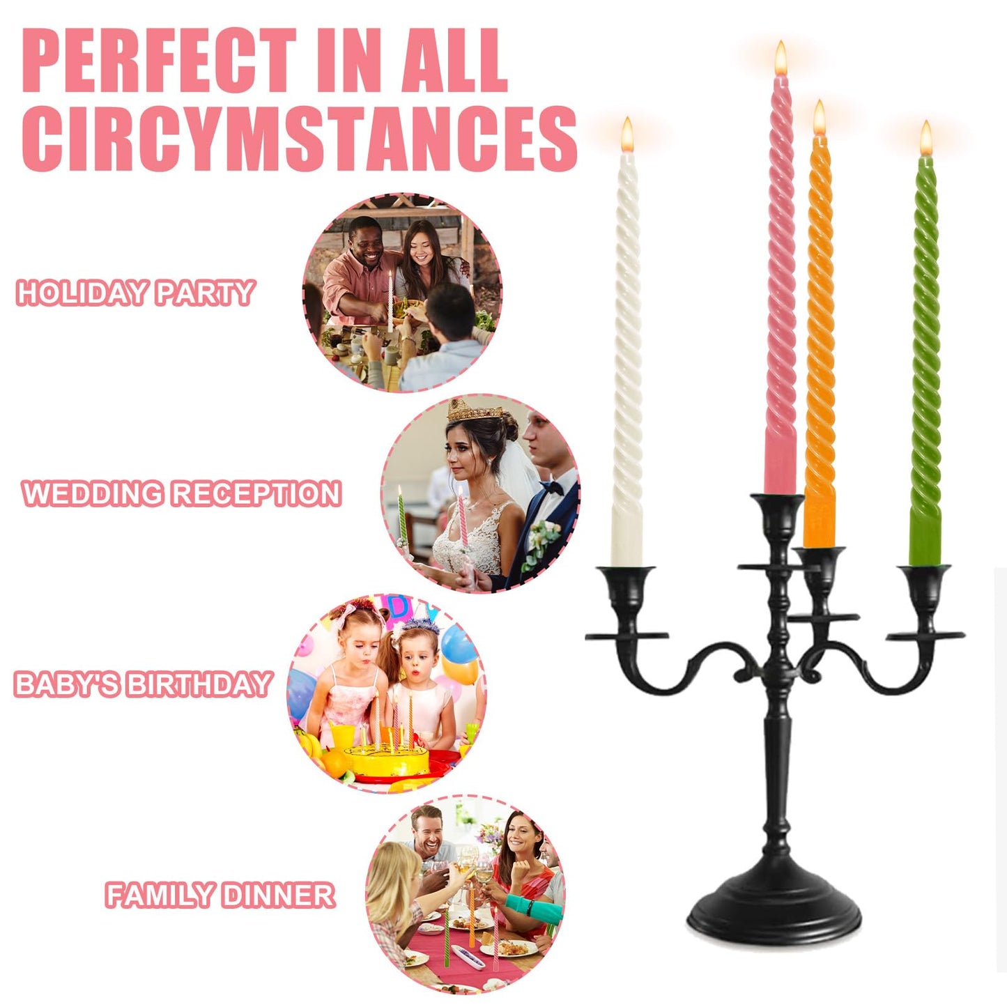 Whaline 8 Pcs Spiral Taper Candles White Pink Orange Green Dripless Twisted Wax Candles 10 Inch Long Unscented Candle Sticks for Spring Holiday Dinner Party Wedding Home Kitchen Table Decor