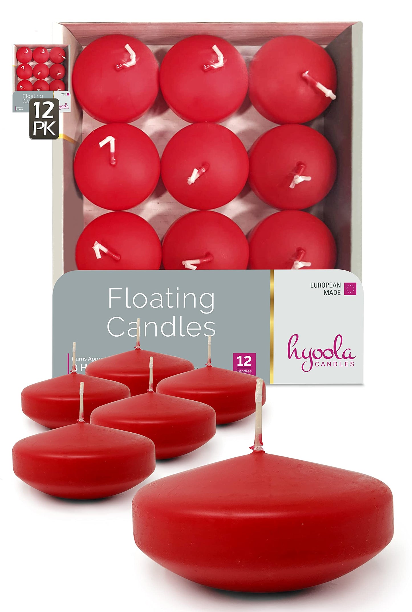 Hyoola Premium Red Floating Candles 3 Inch - 8 Hour - 12 Pack - European Made