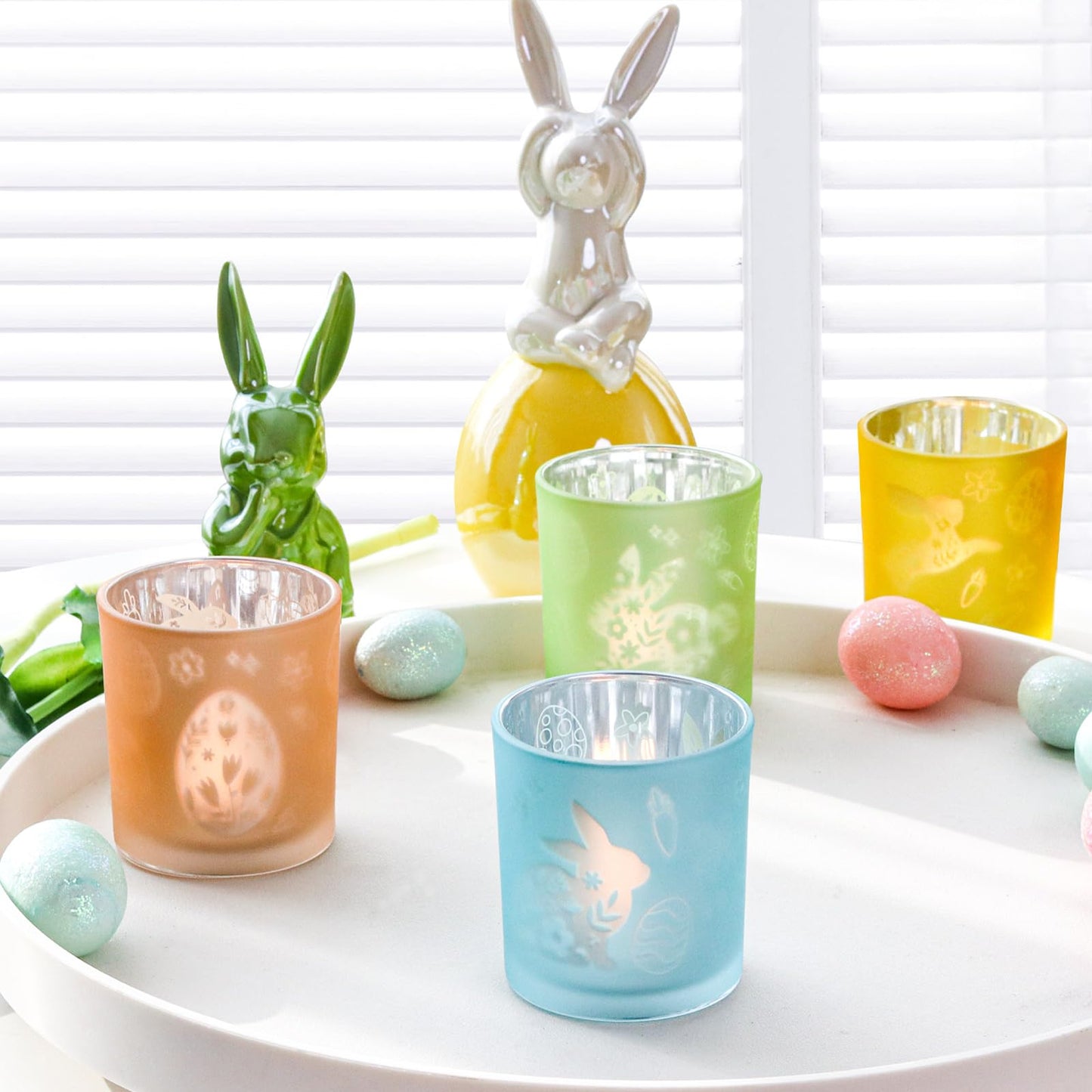 SHMILMH Easter Candle Holders Set of 4 Frosted Glass Votive Tealight Holders Engraved with Bunny Egg Easter Decorations Home Decor Table Centerpiece Gift for Women