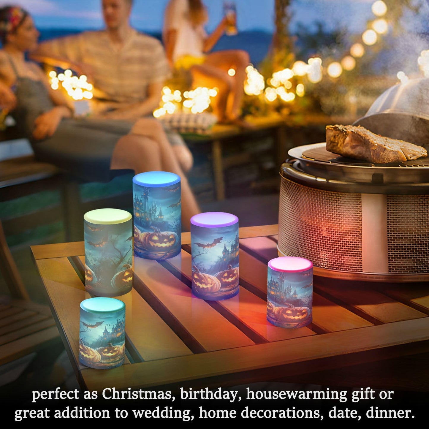 ALAZA Halloween Pumpkins Castle Flying Bat Flickering Flameless Candles Battery Operated with Remote Timer,Tea Light Candles LED Pillar Votive Candles Set of 2 for Outdoor Indoor Decorations