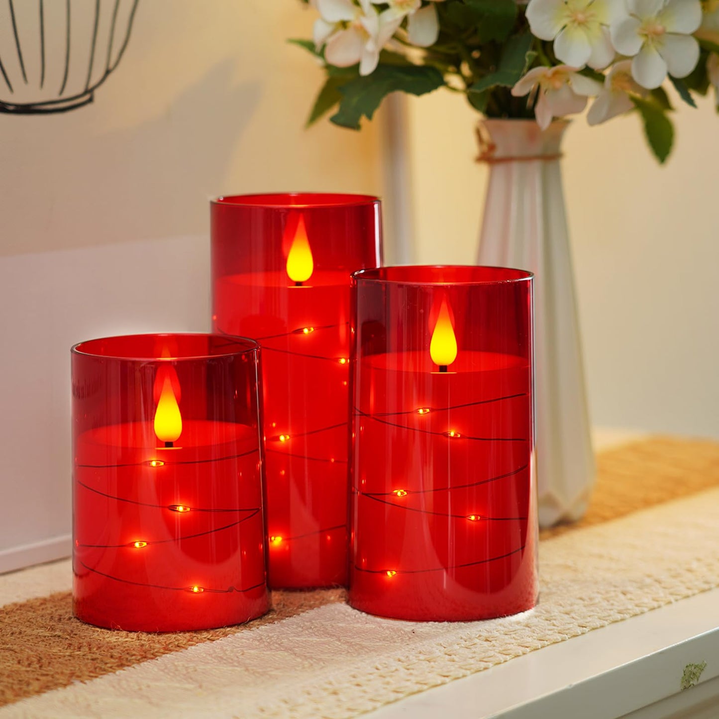 Amagic Red Flameless Candles 3 Set, Flickering Battery Operated Candles Embedded Fairy String Light, Realistic Pillar Candle with Remote Control and Timer, Acrylic, D3 x H4 5" 6"