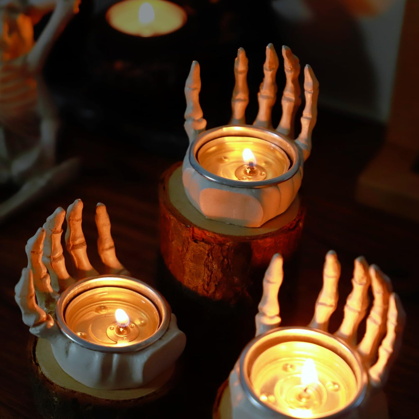 3pcs Gothic Skeleton Hand Tea Light Candle Holders, Halloween Candle Holders, Horror-Themed Spooky Home & Halloween Decorations