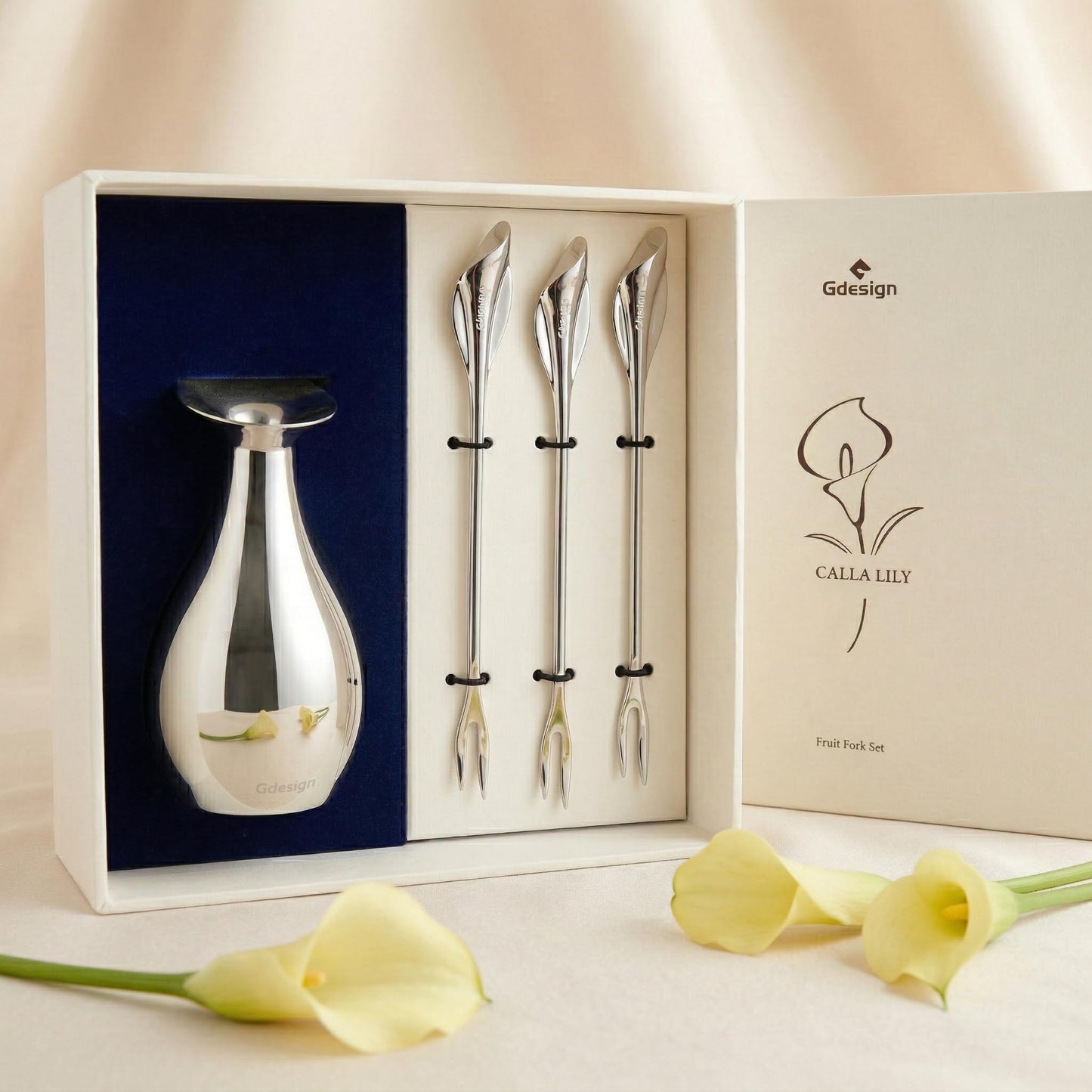 Gdesign Calla Lily Fork Set – Elegant Stainless Steel Base Holder with 3 Mini Forks (5.12"), Perfect for Appetizers, Fruit, Dessert, Cake & Salad, Gift Box Included