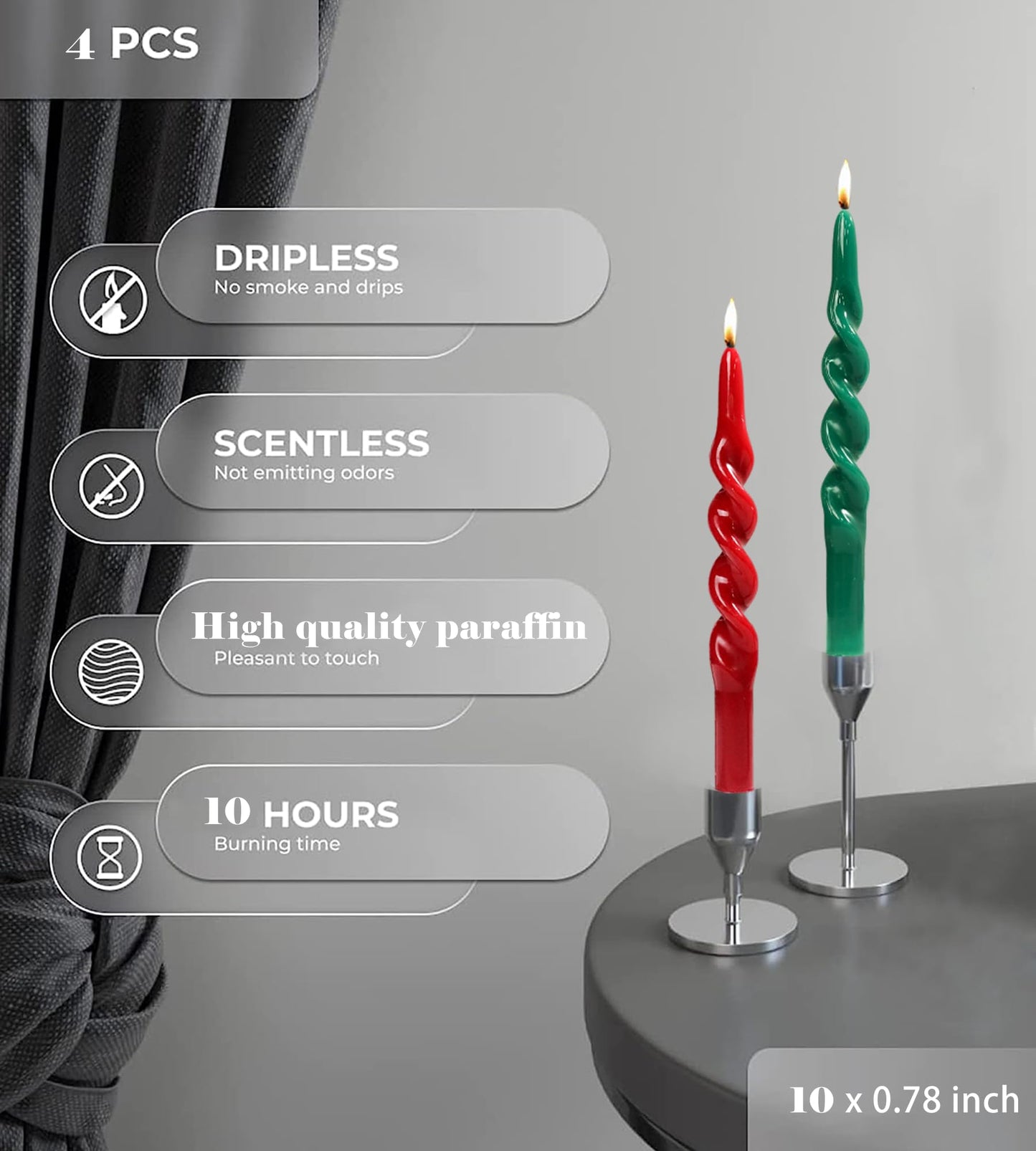 MAITREYA Christmas Taper Candles Conical Stick Candles Spiral Candles-Set of 4 for Decoration Weddings Party Church-Unscented Dripless Candles,10inch(C-Green,Red)