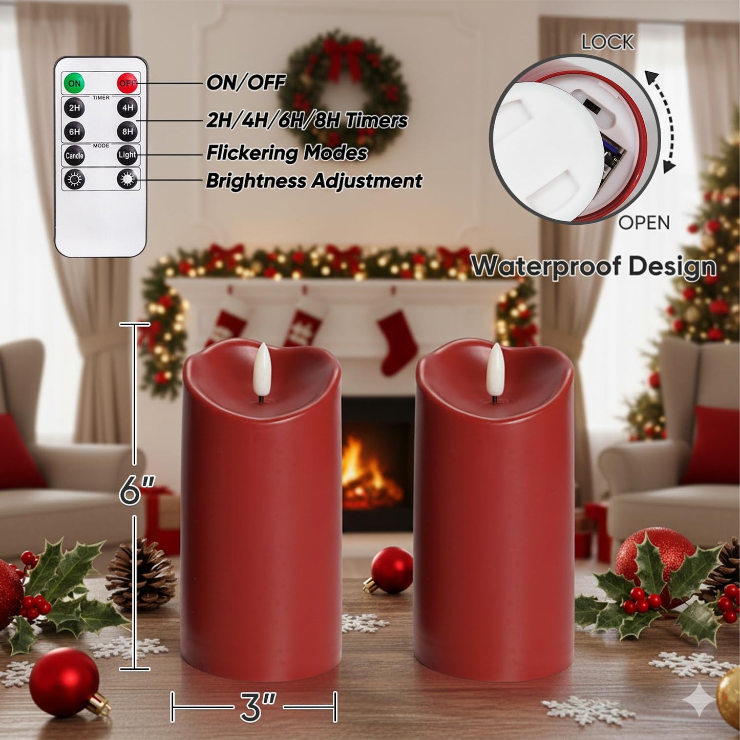 Homemory Burgundy Flameless Candles, Waterproof Flickering Candles, Outdoor Battery Operated LED Pillar Candles with Remote Timer, Electric Fake Plastic Candles, Red, Christmas Decor, 3" x 6"