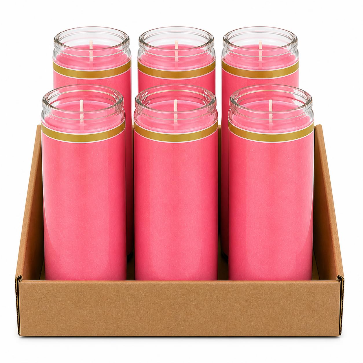 Pink Glass Pillar Candles in Clear Jar, Set of 6, Unscented, Devotional Prayer Candles