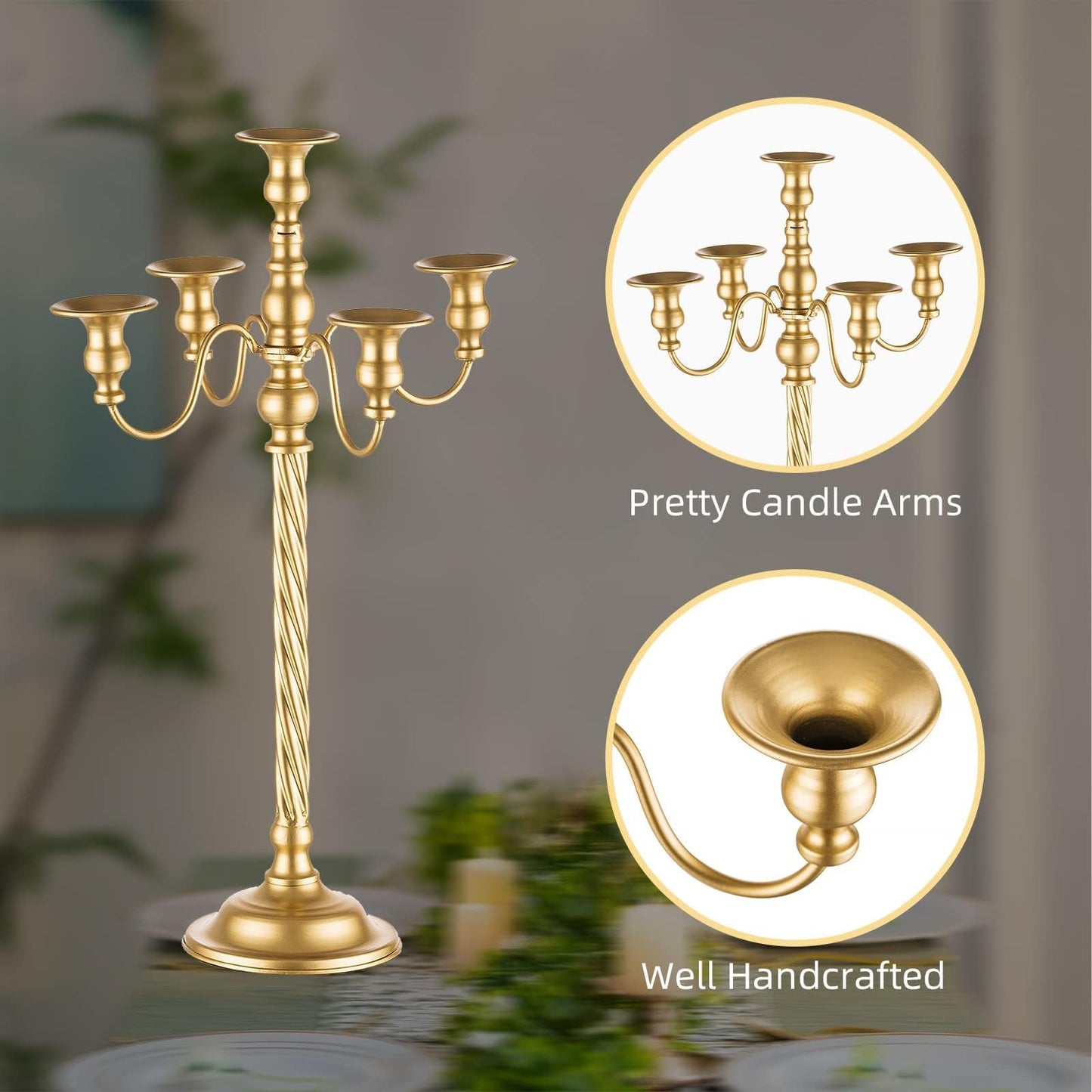 Romadedi Candelabra Gold Candle Stand: 21'' Tall 5-Branch Candlestick Holder for Wedding Centerpiece Decor Christmas Holiday Event Reception Decoration, Set of 2