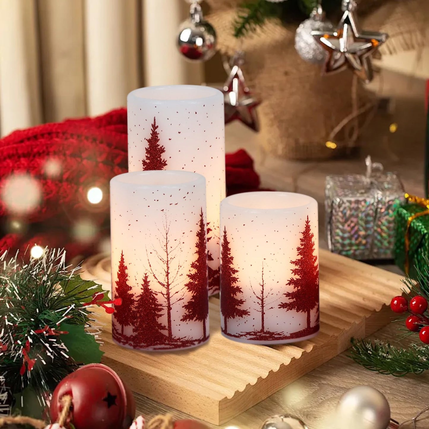 Eldnacele Christmas Flickering Flameless Candles with 6 Hour Timer, Red Christmas Tree Decal Battery Operated Real Wax LED Pillar Candles Home Tabletop Holiday Decor(3Pcs,3×4/5/6 Inches)