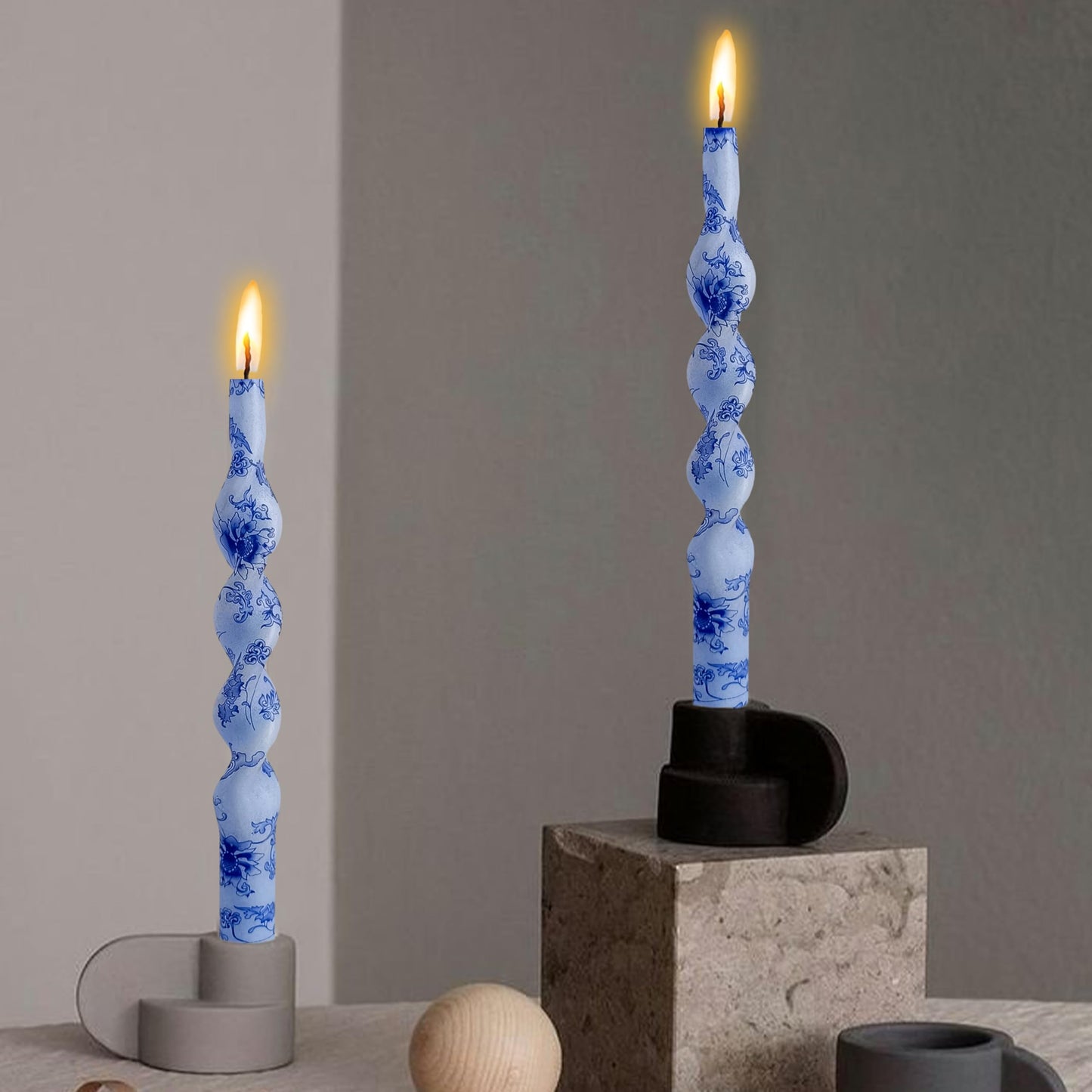 Flowers Printed Spiral Candles Unscented Blue Twisted Candlestick Smokeless Set of 2 Long Taper Candle 10 inch Twisted Candle Sticks Tapered Candles for Home Wedding Dinner Holiday Party