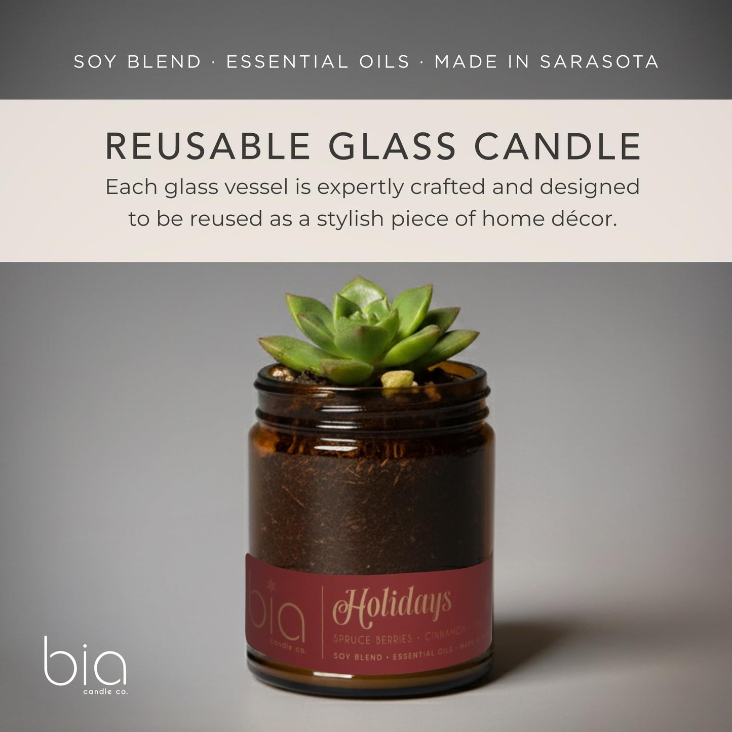 Bia Candle Co. Holiday, Spruce Berry Orange Clove Soy Candle, Cinnamon Pine Vanilla, Perfume-Inspired, High Fragrance Load, Lead-Free Wick, Reusable Glass Jar, Warm Spiced, 7 oz