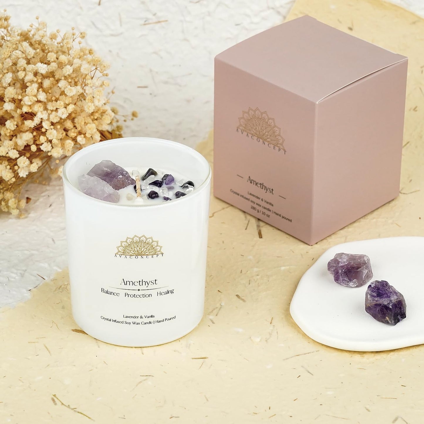 AvaConcept Amethyst Crystal Candle – 10oz / 280g | Lavender & Vanilla Aromatherapy | Hand-Poured Soy Wax | Genuine Healing Crystals Embedded | Balance, Protection & Healing | Pink Gift Box Included