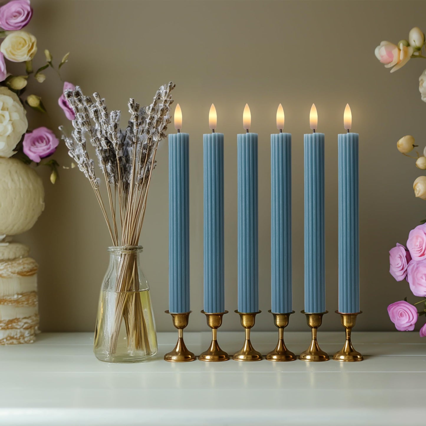 West Ivory 12 Pack, 10" LED Flameless Blue Fluted Ribbed Grooved Taper Candles with 2 Remotes & 24h Timer Memory, On/Off Button, Dimmable, Flicker Mode, Battery Operated, Christmas Menorah Wedding
