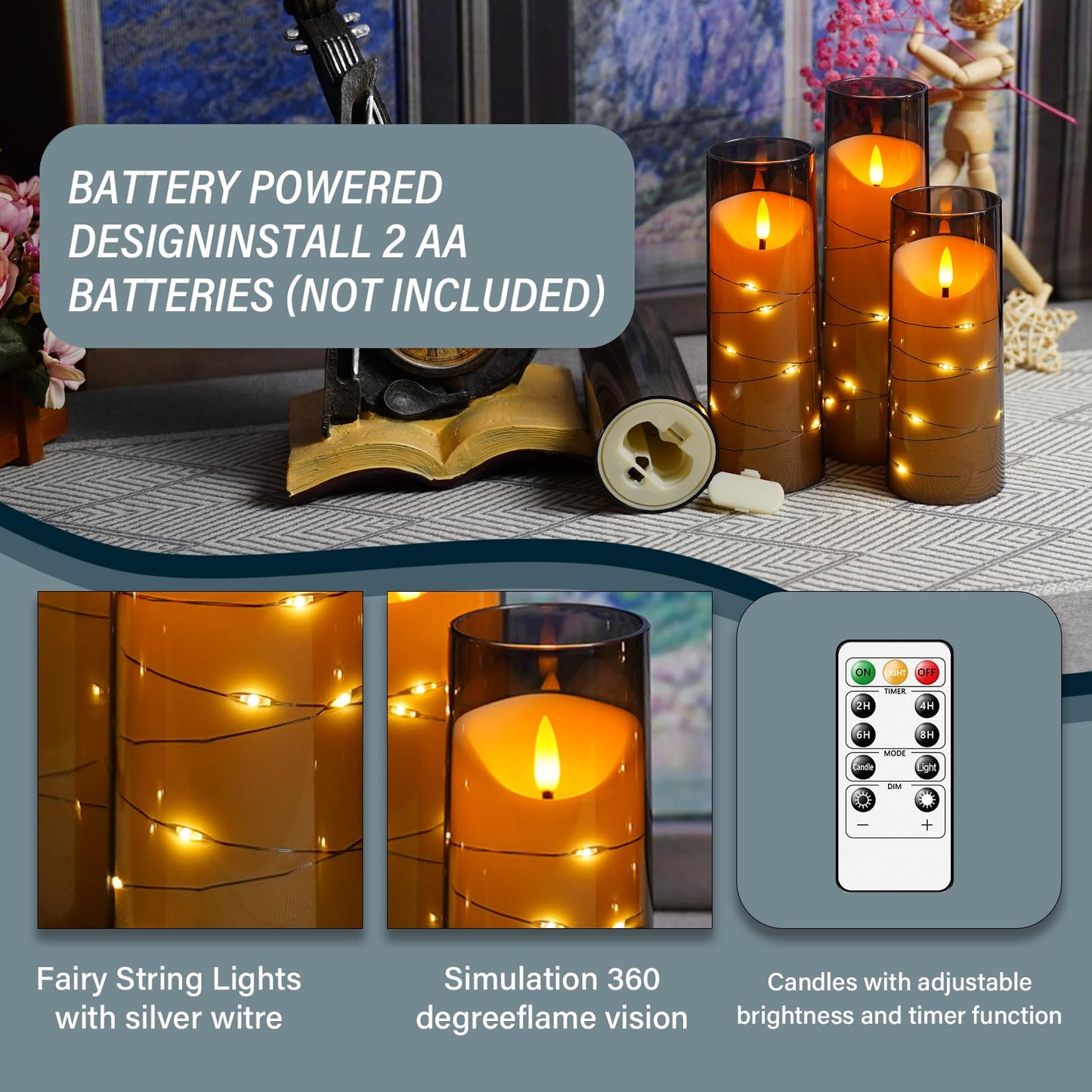Eebuss Flameless Candles with Embedded Star String, Battery Operated LED Pillar Candles with Timer and Remote Control,Home Decorating for Ambiance, Set of 9(Grey)