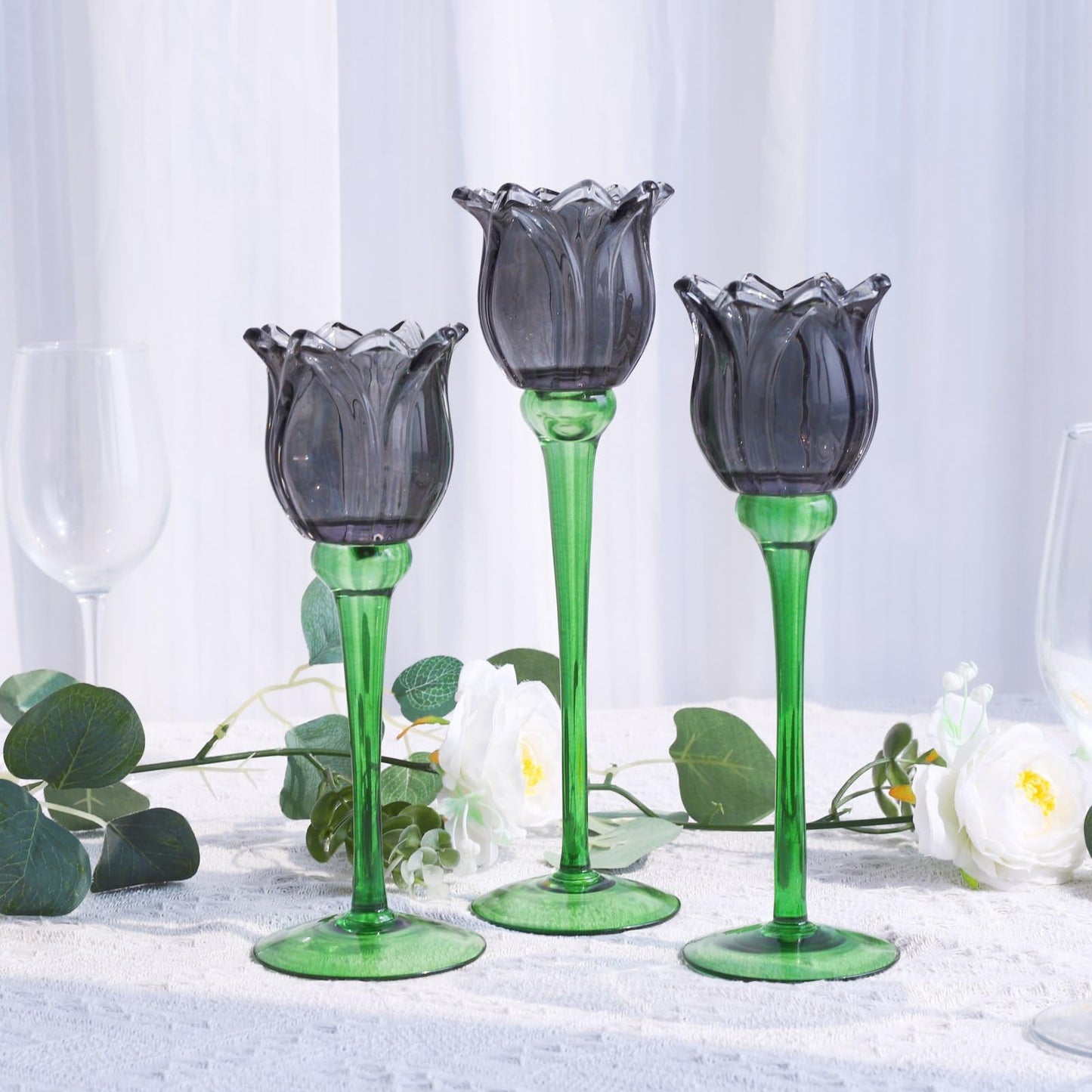 VOHO Light Black Flower Tealight Candle Holder Set of 3, Holiday Decorative Votive Candle Holders for Halloween Theme Party, Different Heights Tulip Tea Lights Candle Holder for Modern Farmhouse Decor