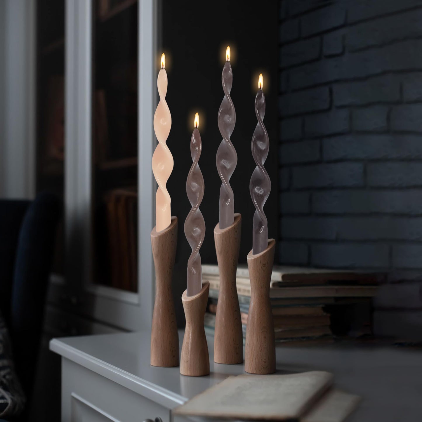 Unscented Gradient Brown Spiral Taper Candle Smokeless Twisted Candlesticks Handmade 10 Inch Long Candles for Wedding Home Decor Seasons Gifts 4 Pcs