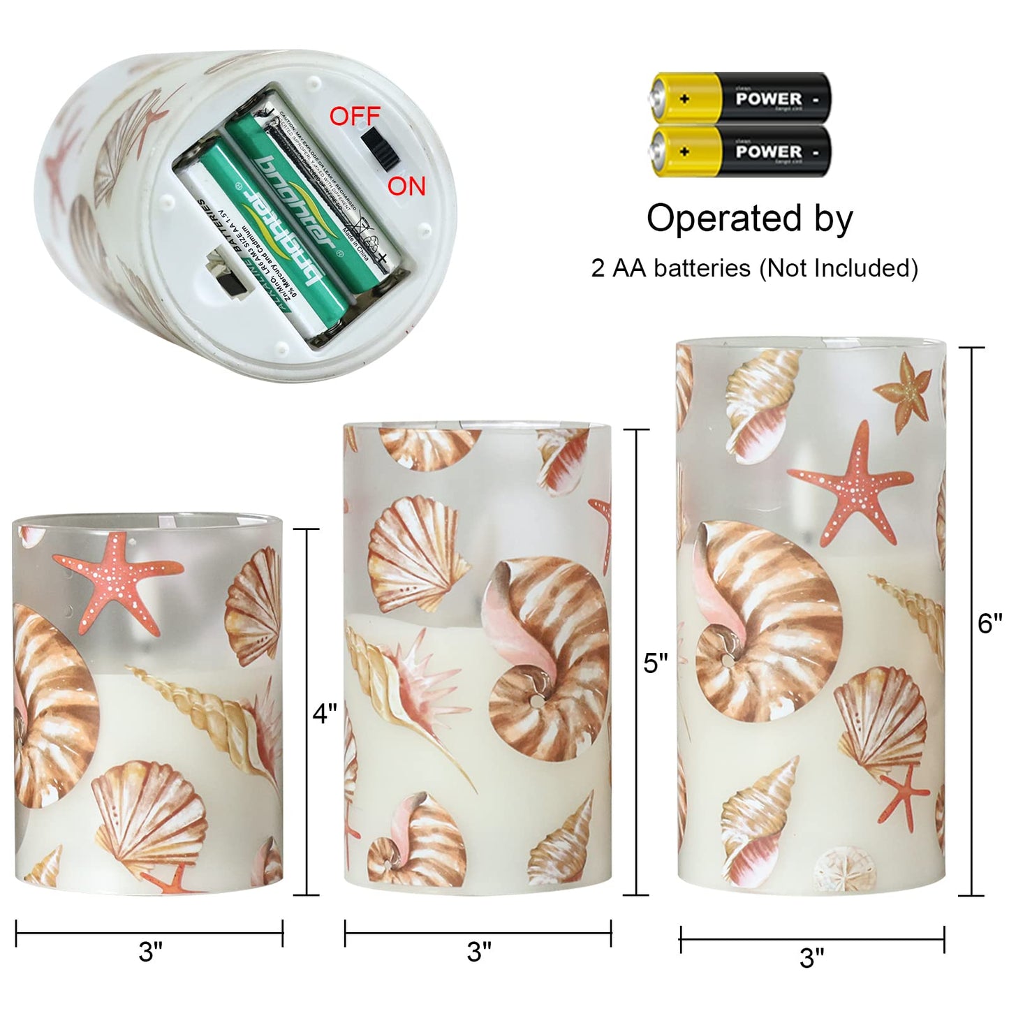 DRomance Seashell Battery Operated Flameless Flickering Candles with Remote Timer 3D Wick Flickering Glass LED Pillar Candles Dinner Christmas Holiday Decor D3 x H4, 5", 6"