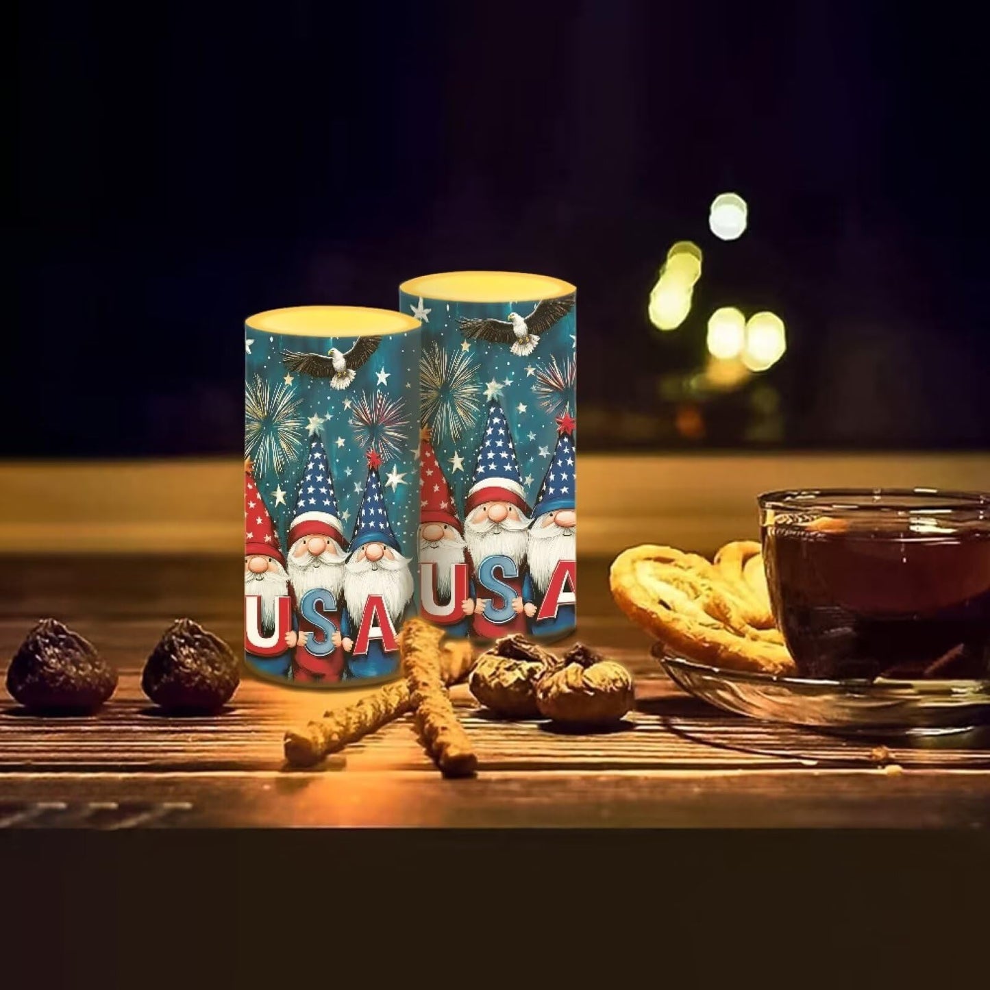Luarisgur USA Flag Gnomes Battery Powered Candles with Remote and Timer Veterans Day Gifts Decorations LED Flameless Flickering Candles for Indoor Gifts Holiday Decor Home Party Festival Set of 2