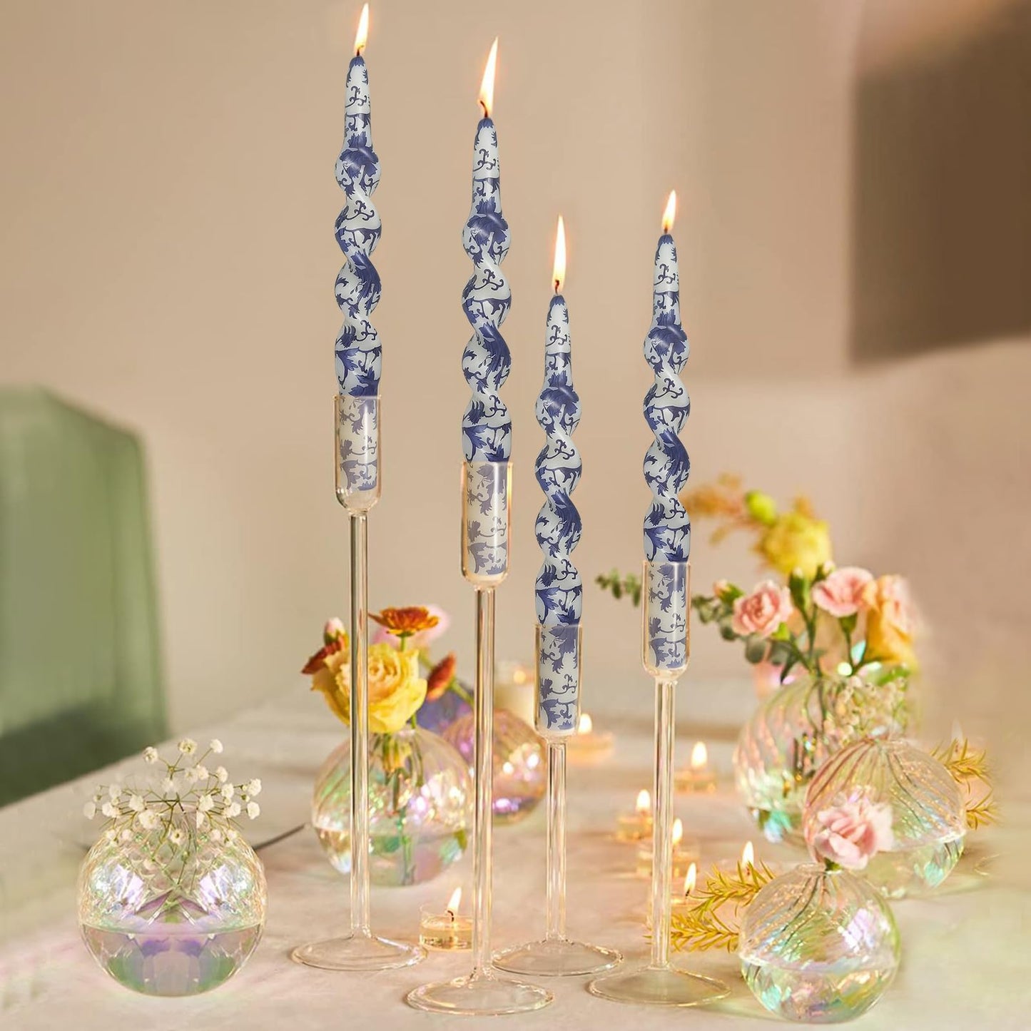 10 Inch Floral Print Taper Candle Blue and White Porcelain Spiral Candlesticks Handmade Twisted Tapered Candles for Holiday Wedding Holiday Party Decor- Set of 4
