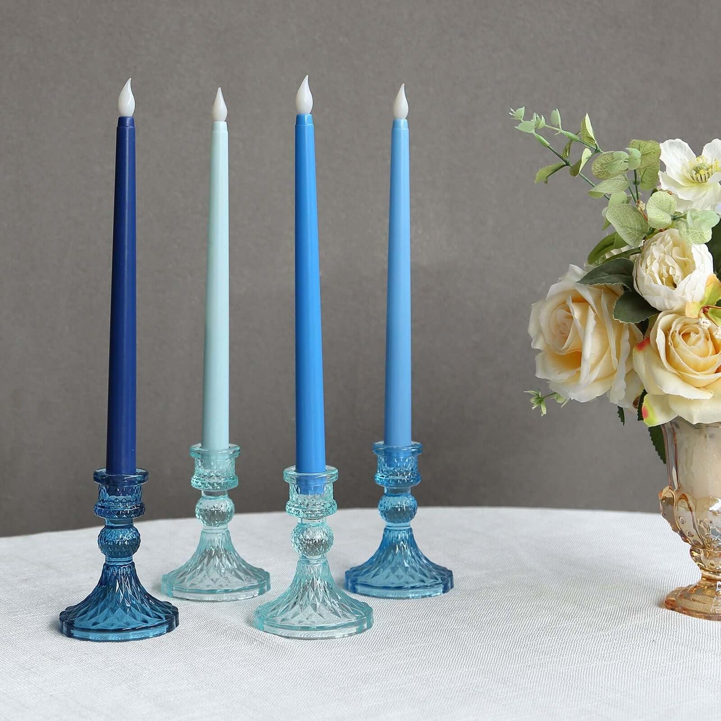 Efavormart 6 Pack Assorted Blue Glass Taper Candlestick Holders with Diamond Pattern, Reversible Crystal Pillar Votive Candle Stands - 4"