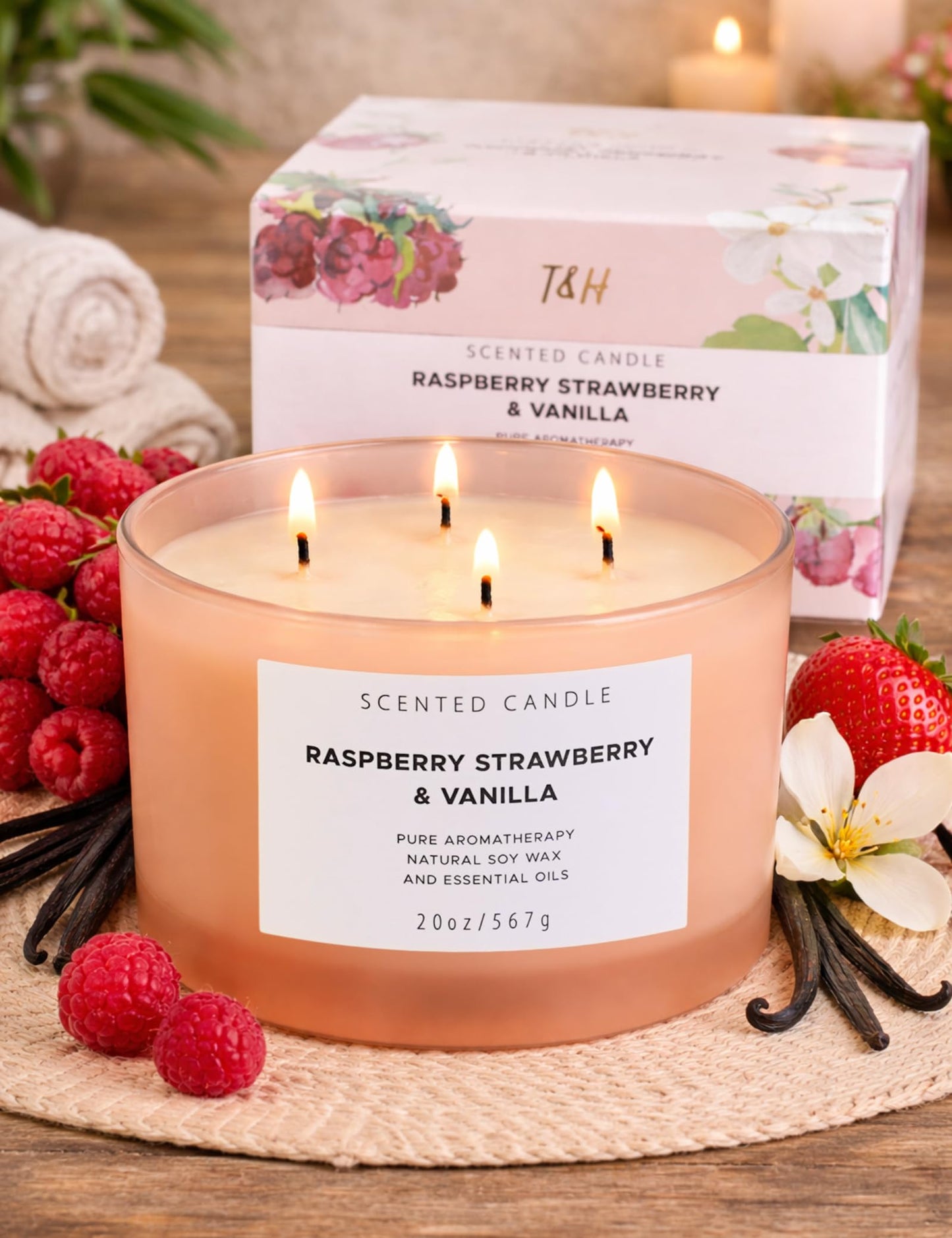 Raspberry Strawberry Vanilla Scented Candle | 4 Wick Extra Large Soy Candle 20 oz | Strong Scented Fruity Aromatherapy Candle for Women | Sweet Berry Vanilla Home Scent | Long Lasting Clean Burn