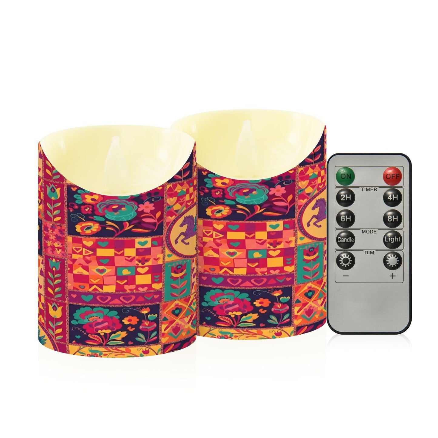 Gravopti Patchwork Animals 2 Pack Flameless LED Pillar Candles with Remote & Timer, Battery Operated, Flickering Wax Candle for Wedding, Romantic Home & Party Decor
