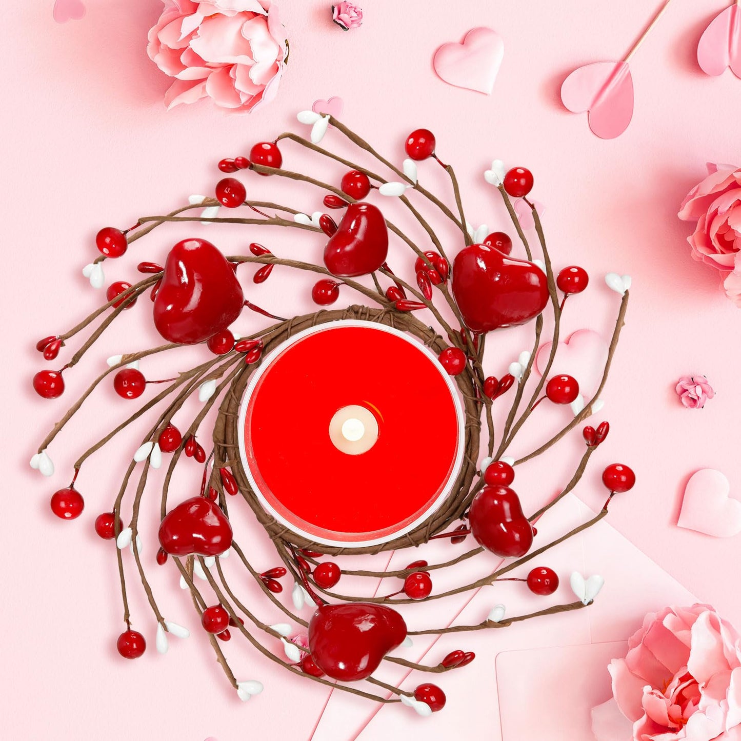 Yunlly 4 Pcs Valentine Candle Wreaths Rings Red Heart and Berry Candle Holder Rings with LED Flameless Red Candles, 9.5" Wide for Valentine's Day Wedding Windows Table Centerpieces