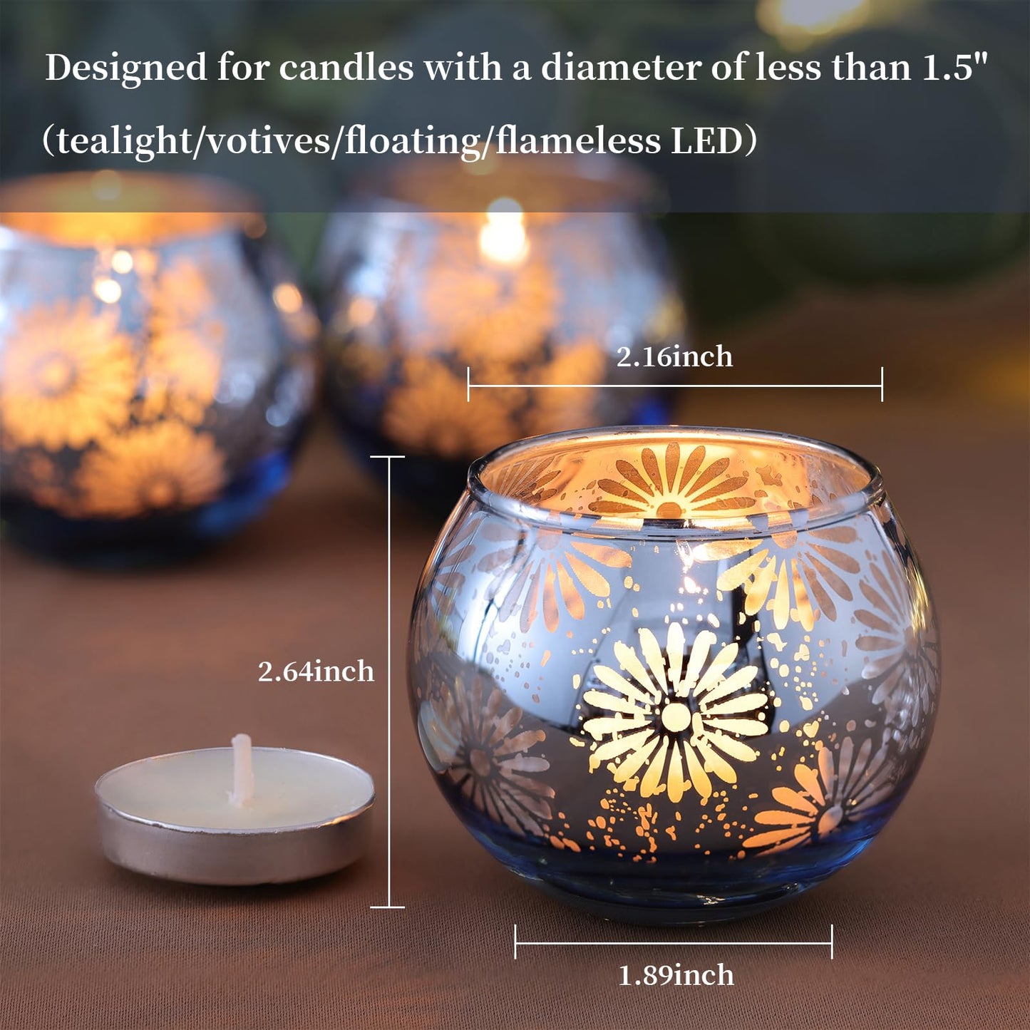 sunnyfuture Blue Mercury Glass Votive Candle Holders Set of 12, Round Tealight Candle Holders Bulk for Table Centerpieces, Weddings, Shower Gifts, Party Decorations