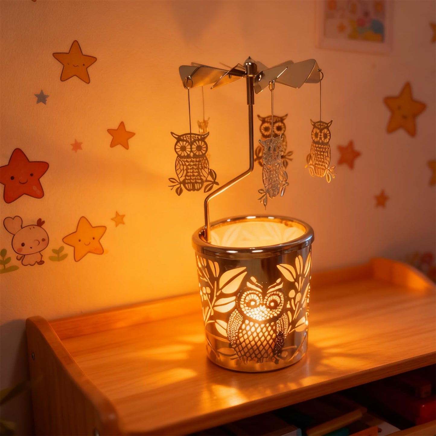 Carousel Rotary Candle Holder Spinning Birthday Gifts for Women, Mom, Wife, Girlfriend, Sister, Her, Metal Windmill Tea Light for Female Friends (Silver owl)