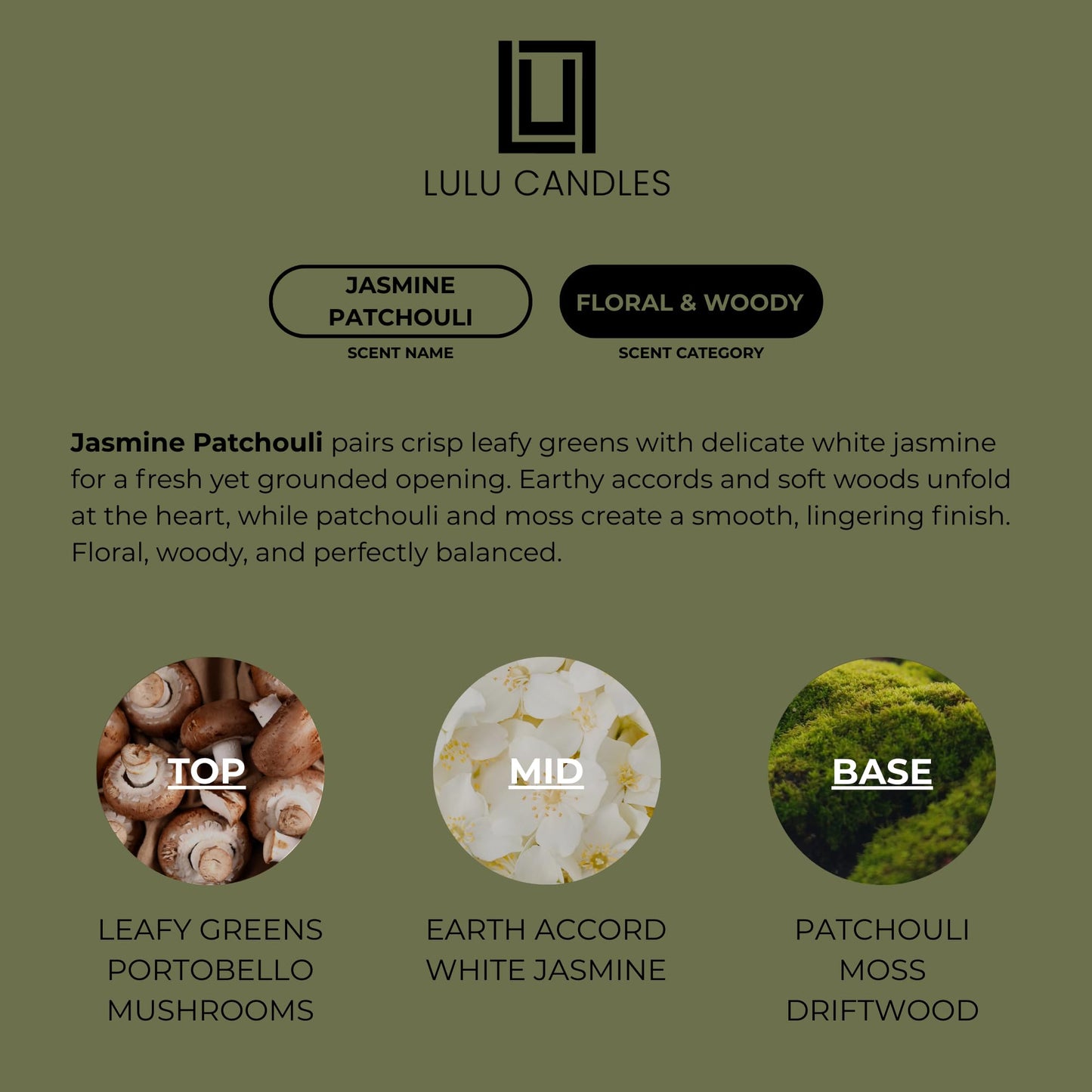 Lulu Candles | Jasmine Patchouli | Smells Floral & Earthy | Luxury Scented Soy Jar Candle | Hand Poured in The USA | Highly Scented Long Lasting (9 Oz.)