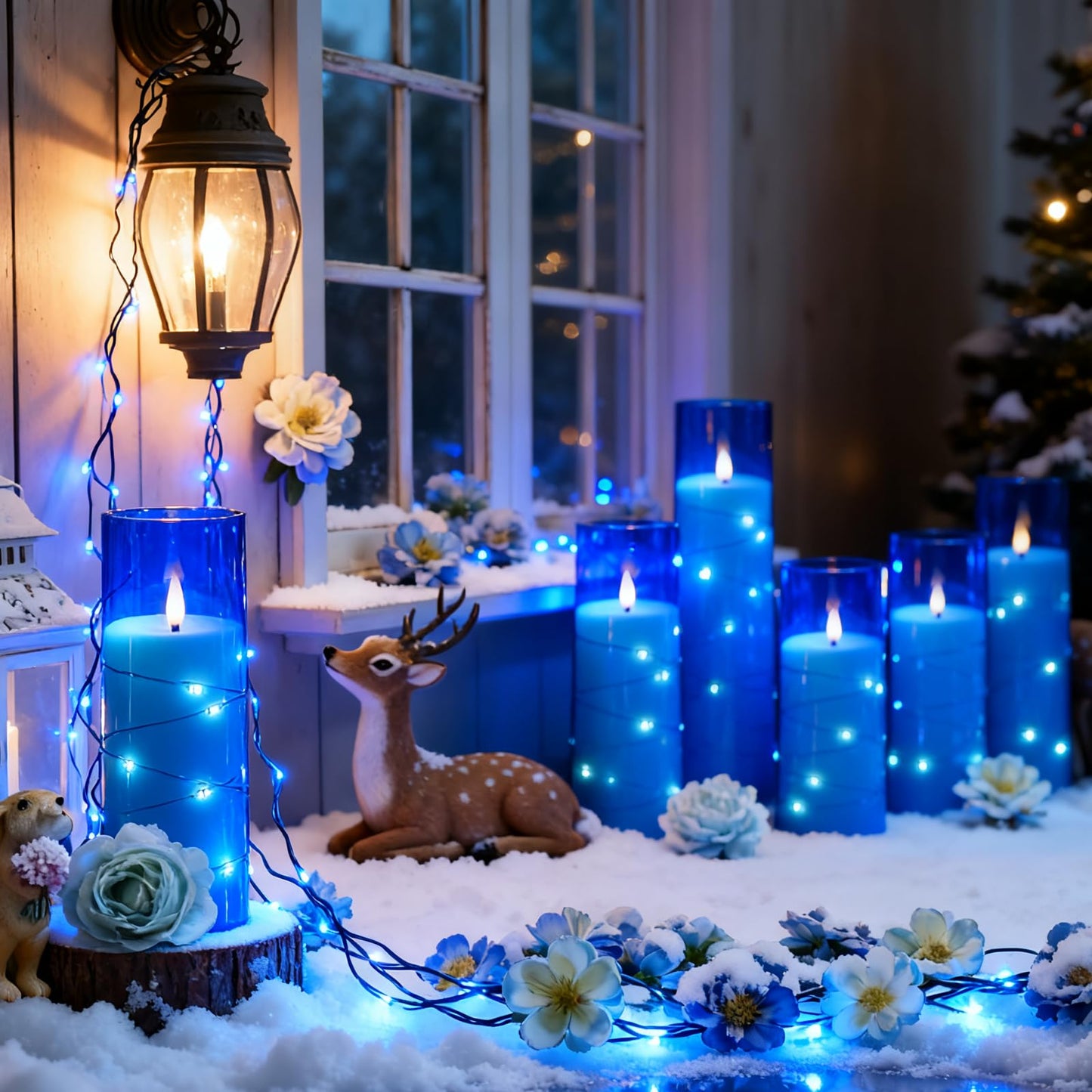 Sasigeiaa Flameless Candles with Embedded Star String - Battery Operated LED Candles, with Remote,12 Blue Flickering Candles for Christmas, Weddings, Home Decor & Party,(D 2.3"×H 5" 6" 7")