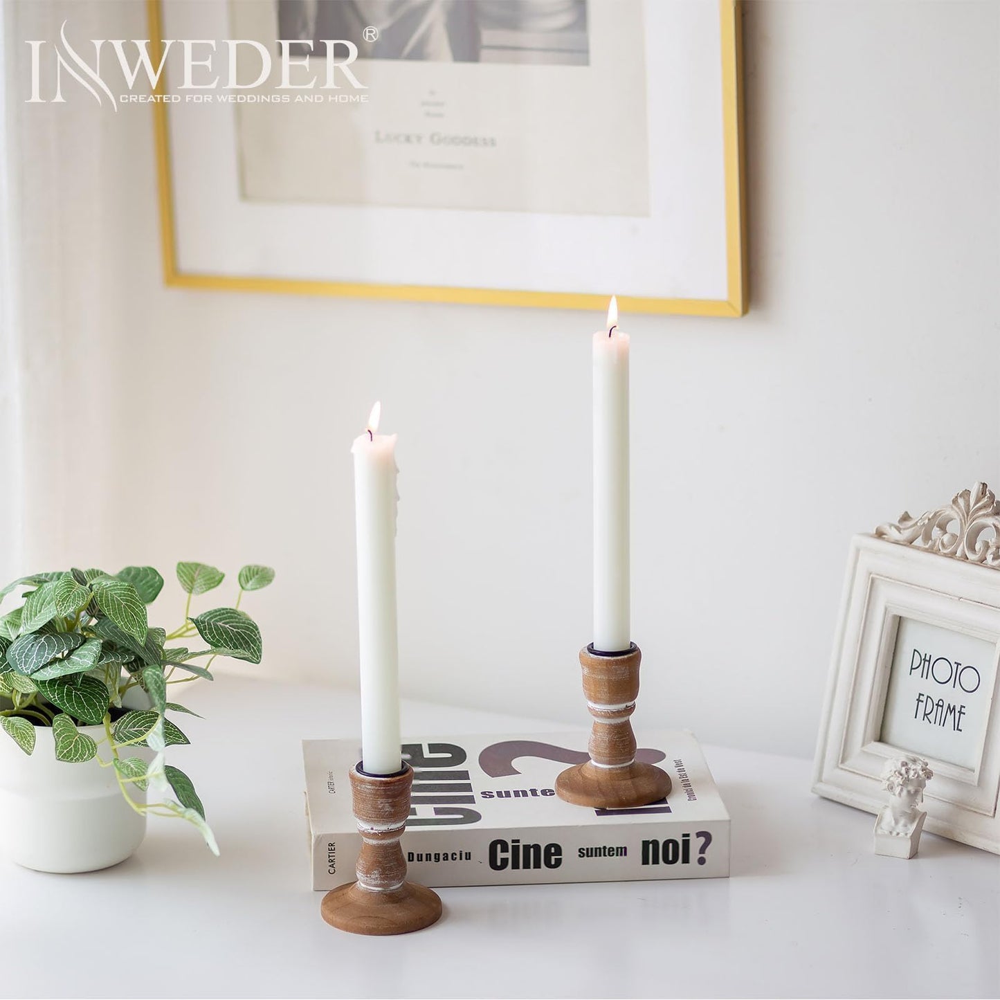 Inweder Wooden Taper Candle Holders: Wood Candlestick Holders Rustic Farmhouse Fall Decor for Living Room Dinning Table Centerpiece Christmas Set of 10