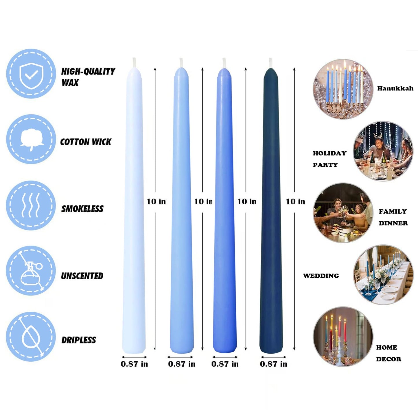12-Pack Gradient Blue Taper Candles, 10 Inch Unscented Dripless Candlesticks, Long-Lasting Burn Time of 7-8 Hours, Perfect for Home Décor Weddings Babyshower and Events