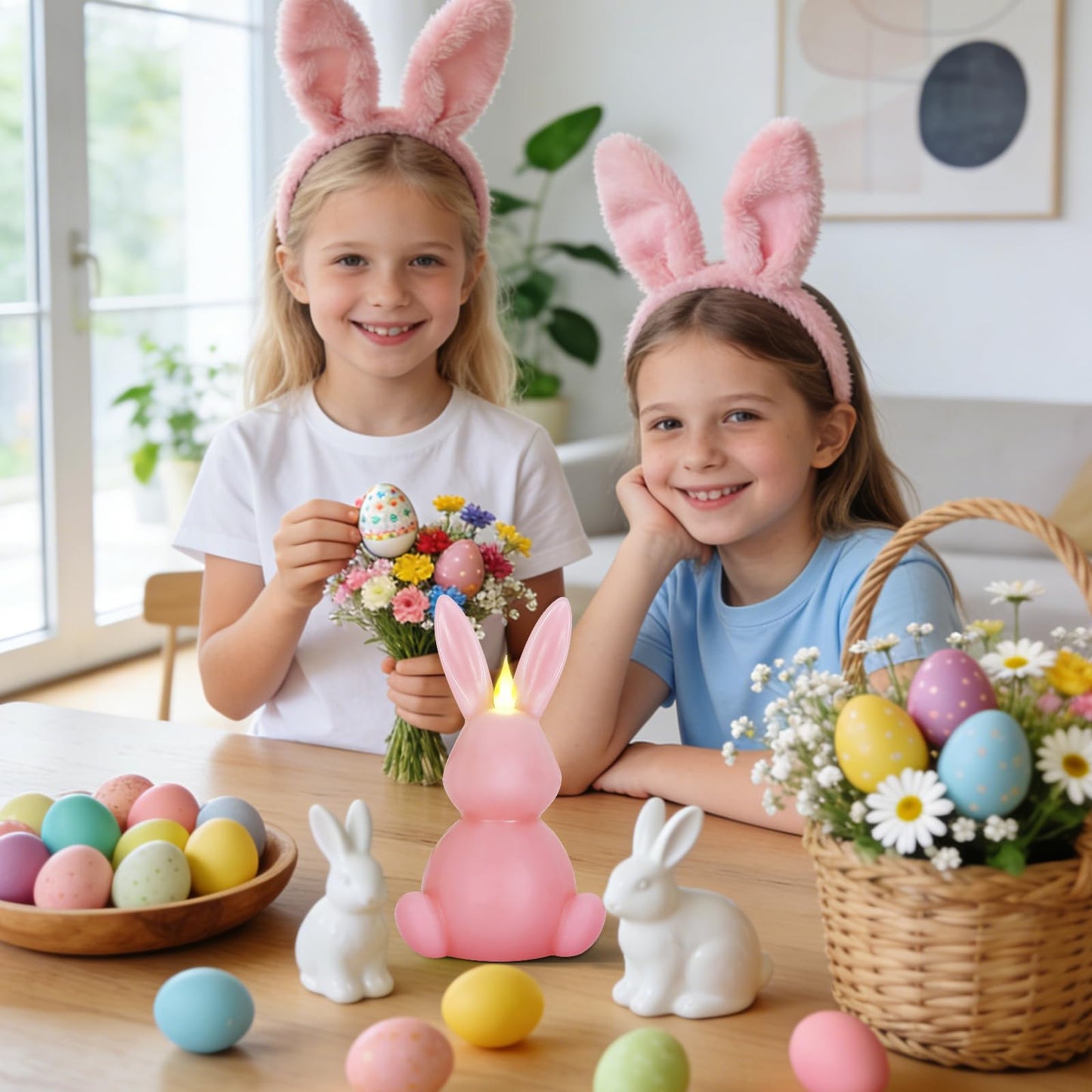 Leorate Pink Easter Bunny Flameless Candles, Real Wax Carved LED Candle Battery Operated, Scented Bunny Shape Easter Decorations Set for Home Living Room Bedroom Party Centerpiece Table Home Decor