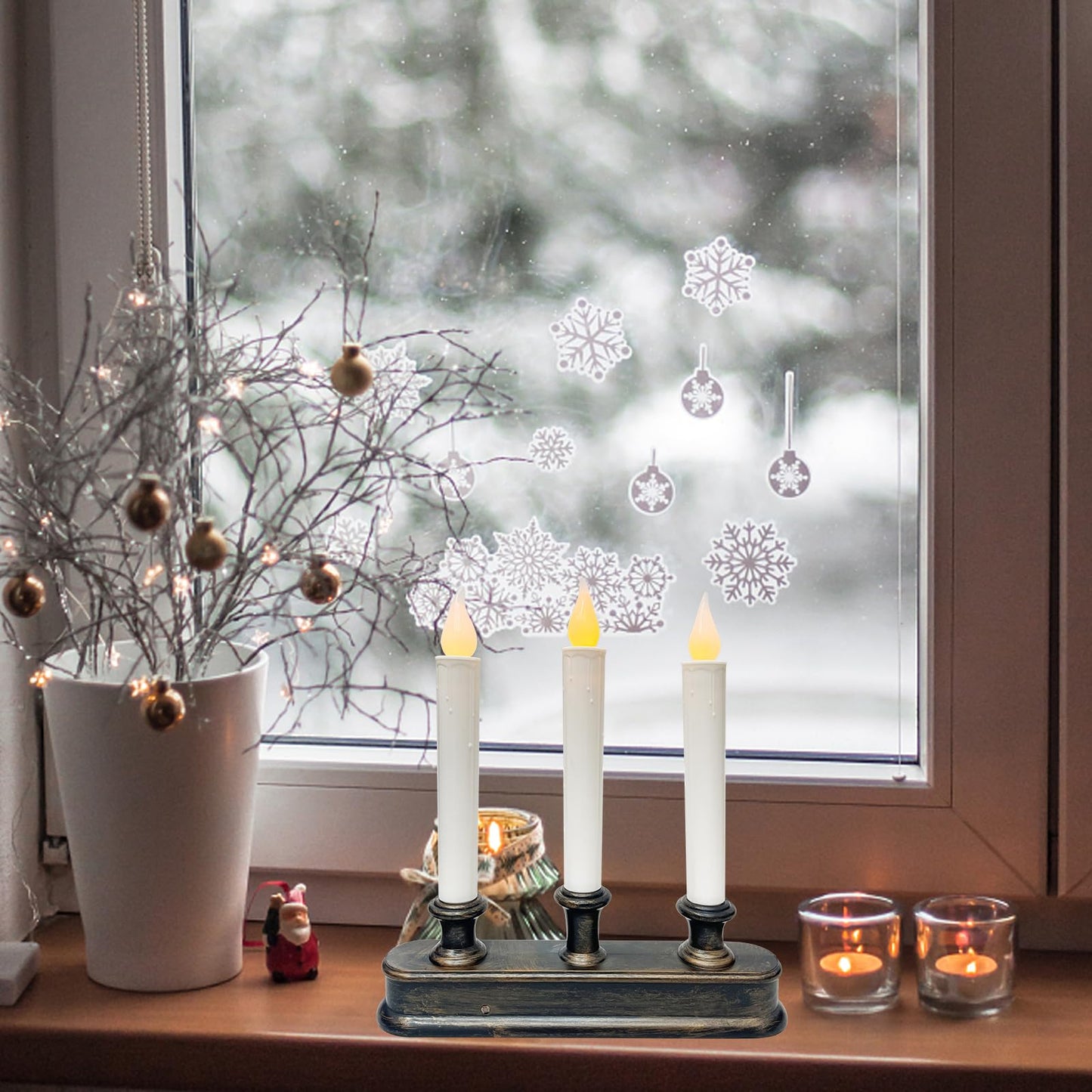 Christmas Window Candle - 3 Light Battery Operated LED Window Candelabra with Dusk to Dawn Light Sensor, Flicker Flameless Candle Lamps for Home Table Party Christmas Decoration, Bronze Base