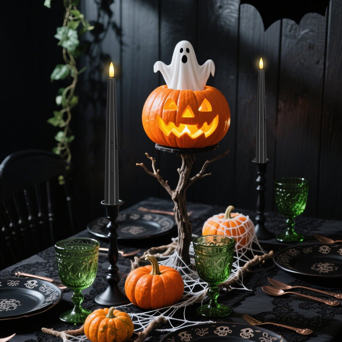 SHENSY 3 Pack Halloween Black Flameless Taper Candles โDrip Real Wax Battery Operated LED Candlesticks with 3D Flickering Flame, Remote & Timer โ Haunted Decor for Spooky Tables & Windows