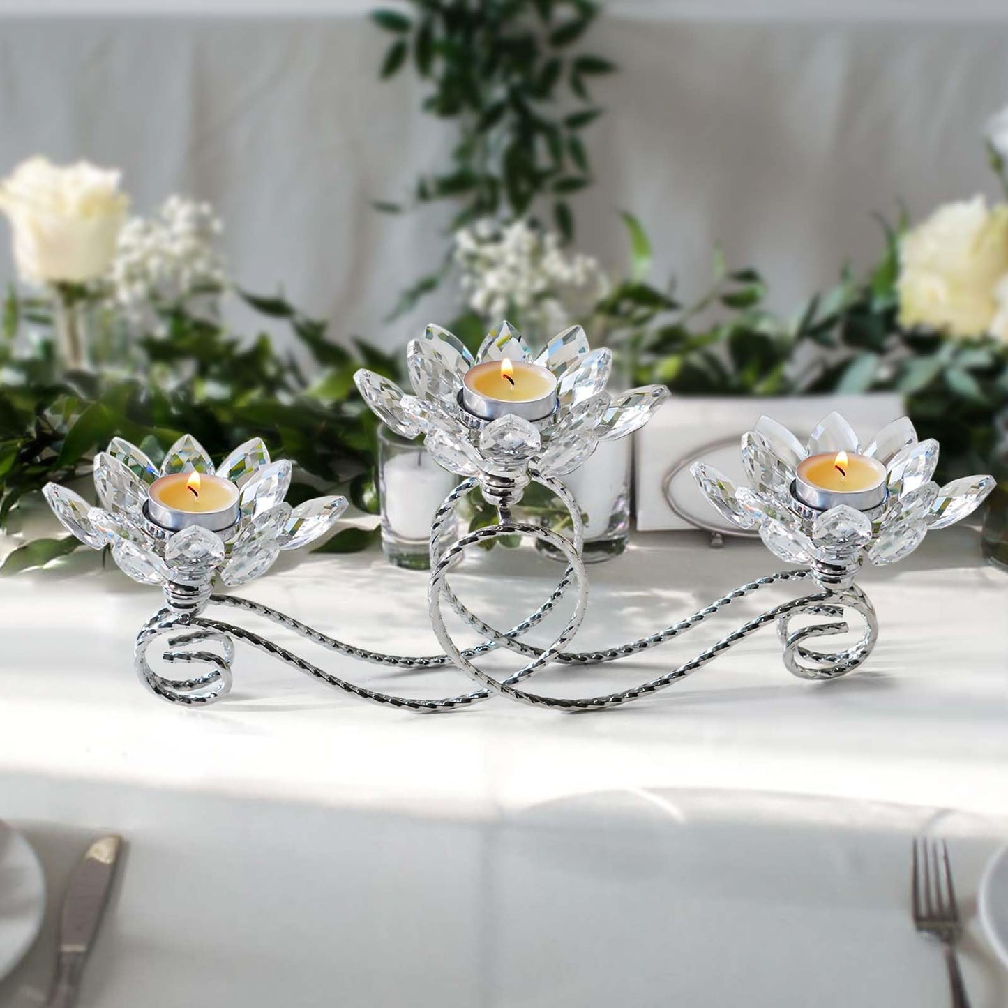 2Pcs Siver Kehail Crystal Metal Tea Light Candle Holder Set, 3-Arm Flower Shaped Crystal Votive Candlestick Holders for Table Centerpiece, Wedding Shower, Party and Home Decor