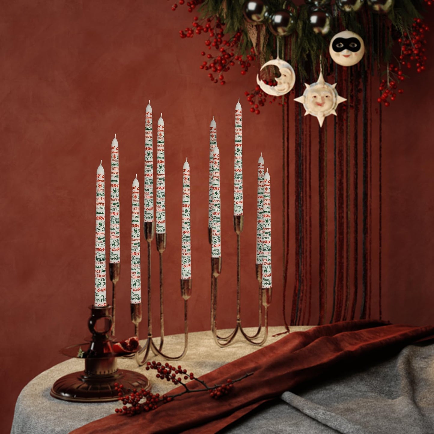 Baleagcdl Print Unscented Taper Candle X-mas Letters Decorative Candlesticks Handmade 10 Inch Drip Long Tapered Candles for Christmas Home Holiday Decor Gifts - Set of 2
