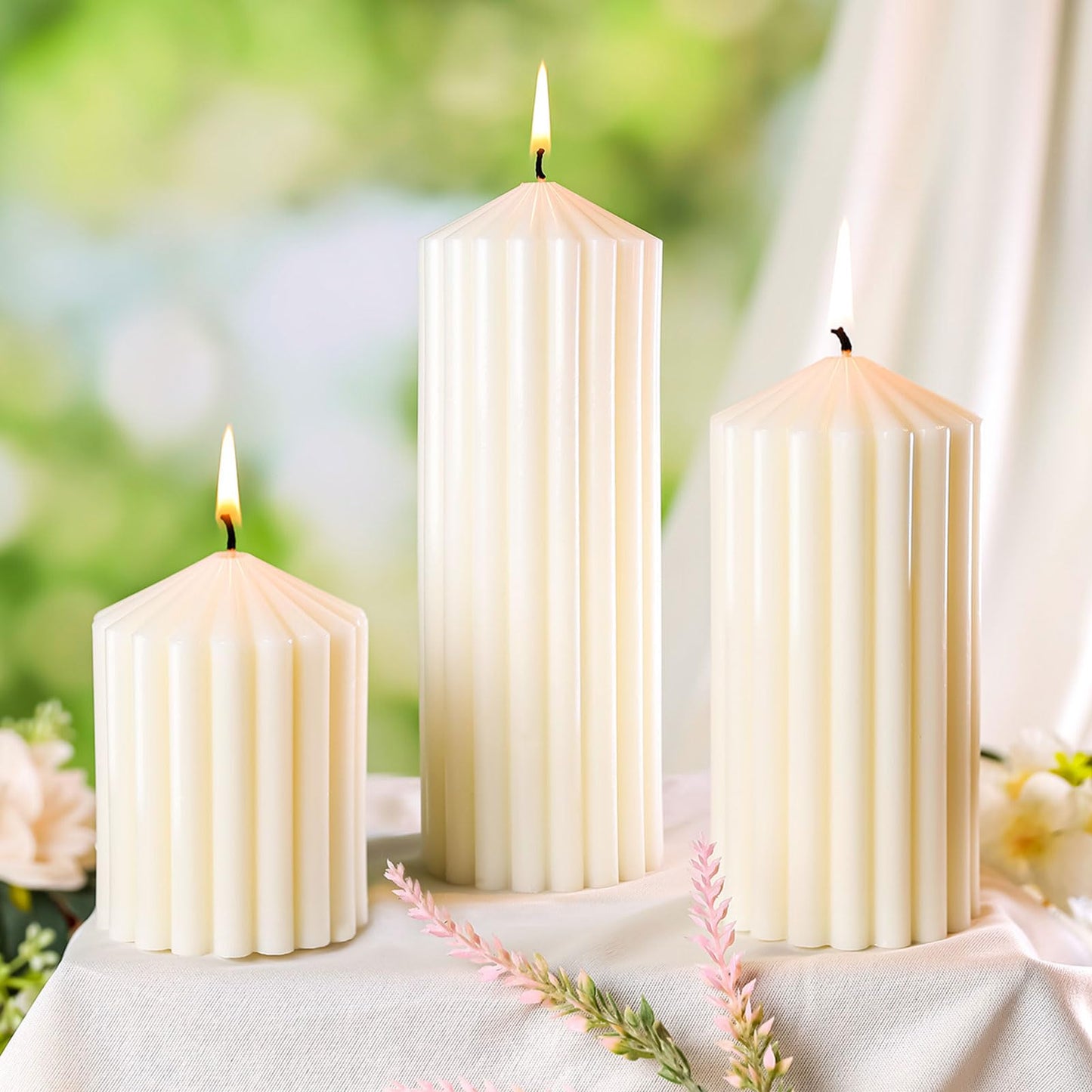 3 Pcs White Ribbed Pillar Candles-Vanilla Cake Scented,Natural Soy Wax,Non Toxic,Smokeless-2.8" x4,6,8in Modern Aesthetic Aromatherapy Candles for Home,Dinner Table,Living Room,Housewarming Gift