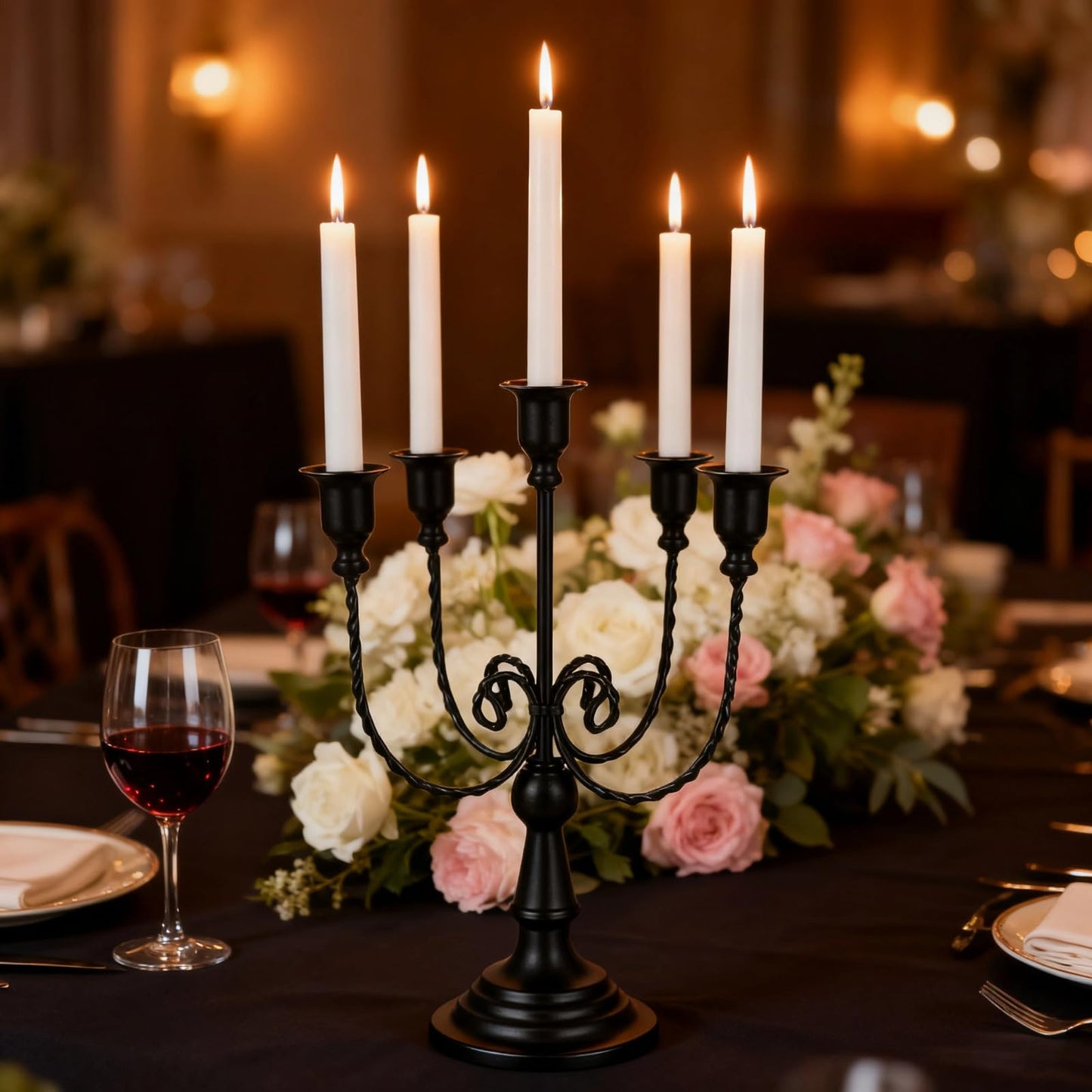 5 Arms Metal Candelabra Gold Candle Holder Modern Decorative Centerpiece Candlestick Holders for Table Wedding Halloween Christmas Party (1, Black)