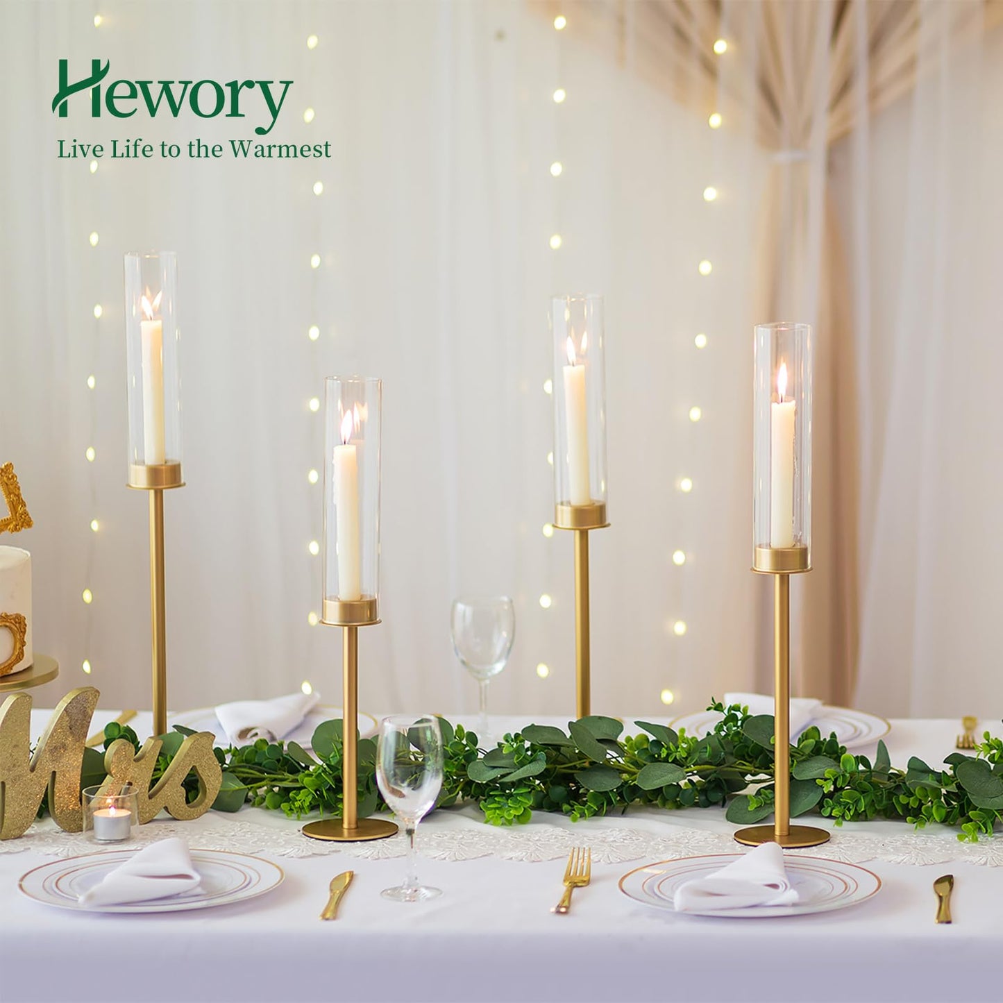 Hewory Gold Tall Hurricane Candlestick Holders: 12Pcs Brass Taper Candle Holder Candelabra Centerpieces, Candle Stick Holders with Candle Cover for Wedding Dinner Christmas Decor