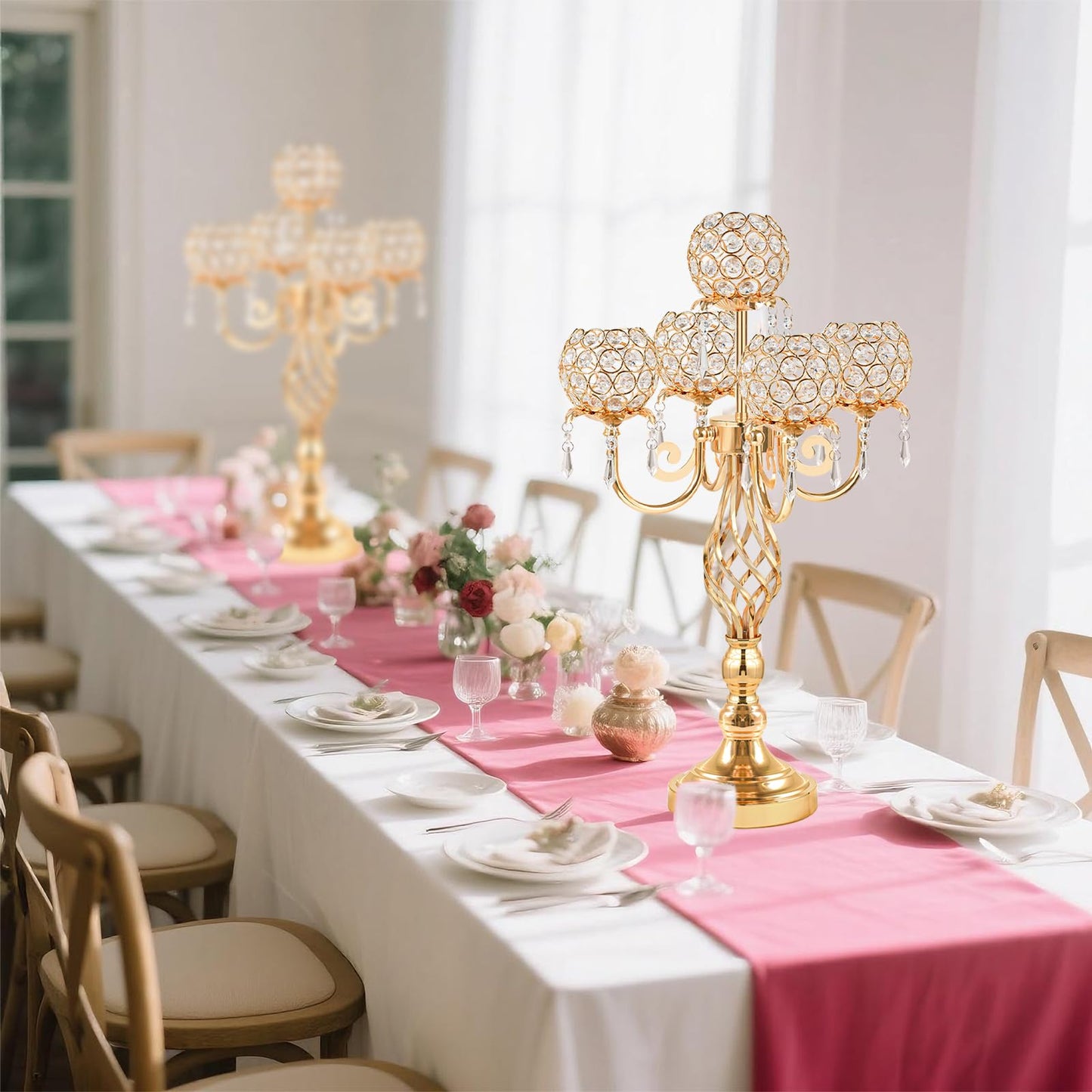 Kehail 5-Arm Crystal Candelabra Centerpiece 23.2" Tall - Elegant Candle Holder Stand with Crystal Bowl, Chic Table Decor for Weddings, Parties, Anniversary & Home Decoration (4, Gold)