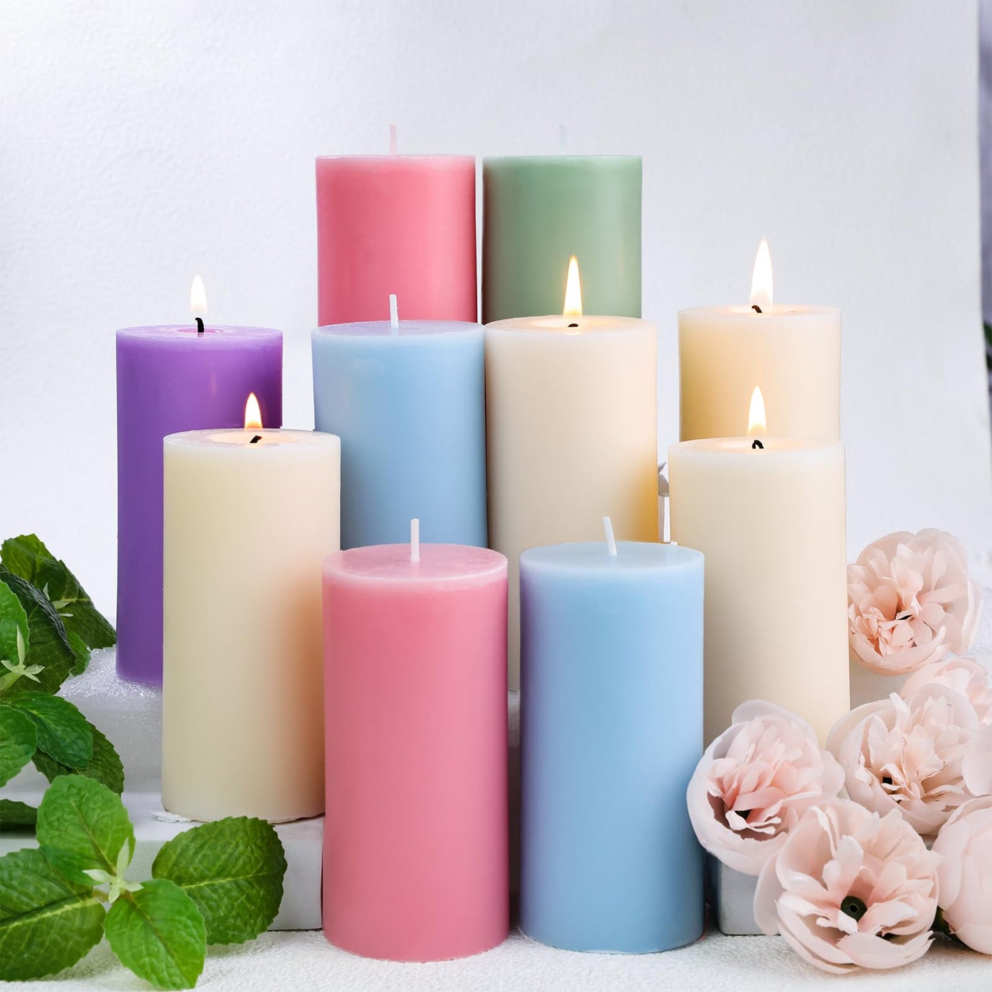 Uniteland Pink Rose Scented Pillar Candles Set of 3, Soy Candles for Mother's Day,105 Hours Aromatherapy Candle Clean Burning for Bathroom Living Room,2x4 inch