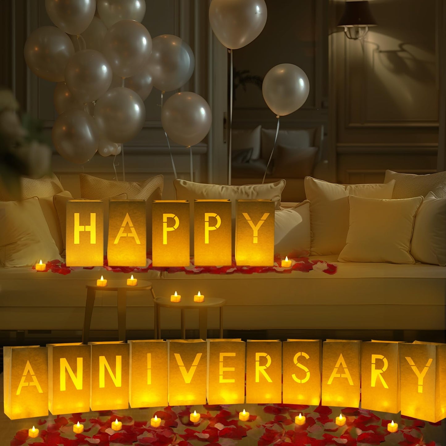 Homemory Happy Anniversary Decoration Light Up Letters with Flameless Candles and 2000 Fake Rose Petals, Valentine's Day Luminary Bags Happy Anniversary Banner Sign Romantic Party Decor for Wedding