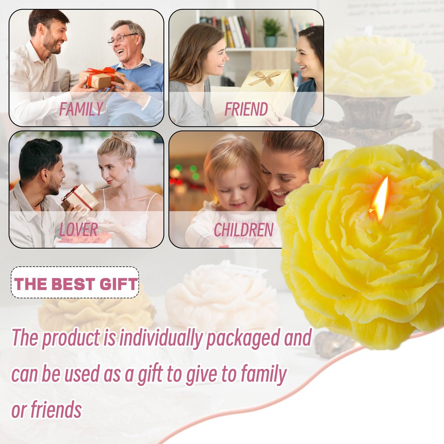 Peony Flower Shape Candles 1 Pack Soy Wax Decorative Candle for Bedroom Home Scented Candle Gift to Friends Family (Yellow)