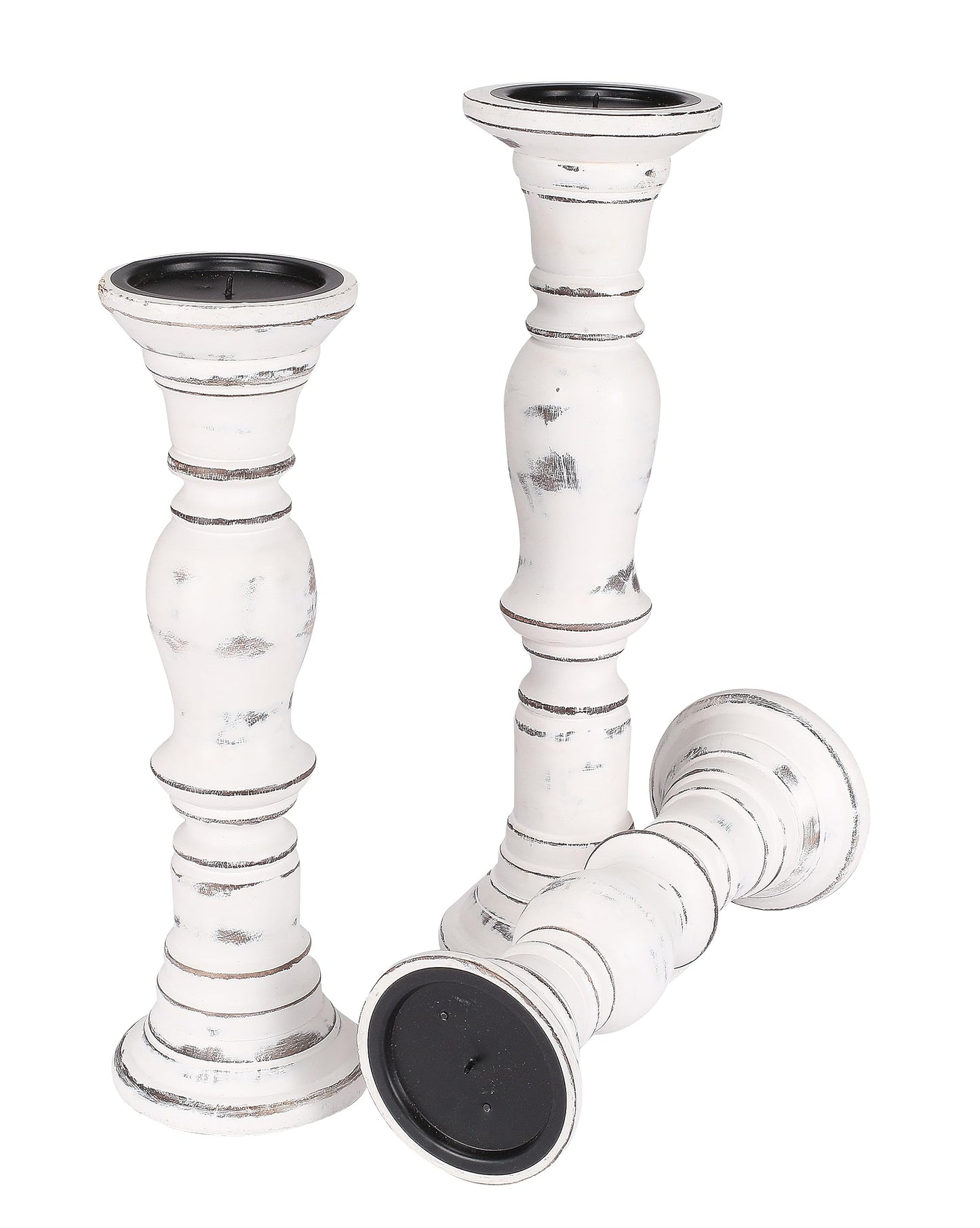 Candle Stands Wooden for Pillar Candles,Rounded Turned Colums, Sustainable Woods, Country Style, Idle for Reiki, Aromatherapy, Votive Candle Garden Home décor - 16,14,12 Inch Set of 3 - White Antique