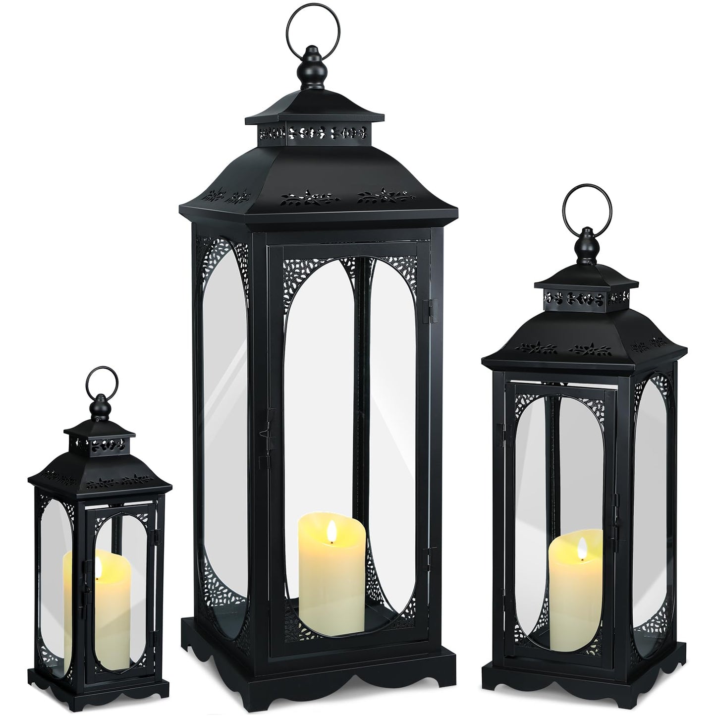 Mifoci Jumbo Black Metal Decorative Lanterns with Clear Glass Panel Hurricane Candle Lantern for Home Decor Party Event Tabletop Front Porch Wall Hanging Indoor Outdoor(3 Pcs,28'' 20'' 14'')
