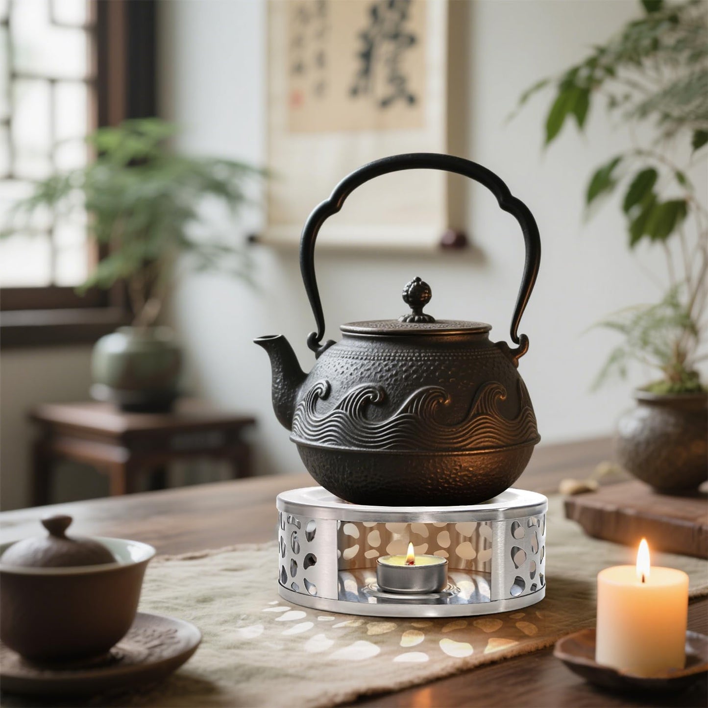 Coloch 3 Pack Teapot Warmer, Stainless Steel Tea Warmer with Tealight Candle Holder Brushed Metal Teapot Heater Tea Kettle Warmer Base for Most Teapots, Silver