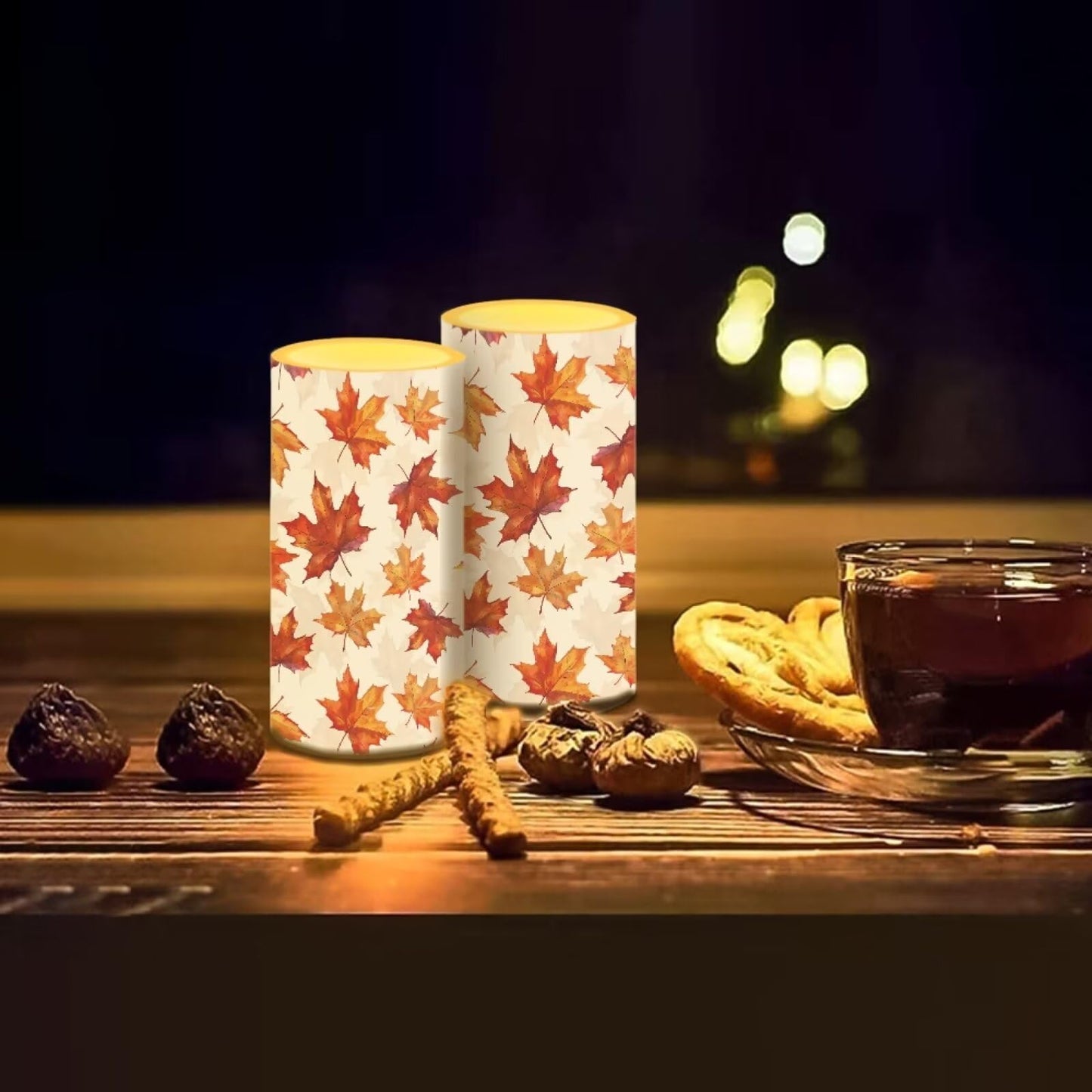 Luarisgur Maple Leaves Candles Battery Operated with Timer LED Flameless Candles Orange Warm Light Electric Fake Fall Theme Candles for Dining Room Bedroom Living Room Home Thanksgiving Party