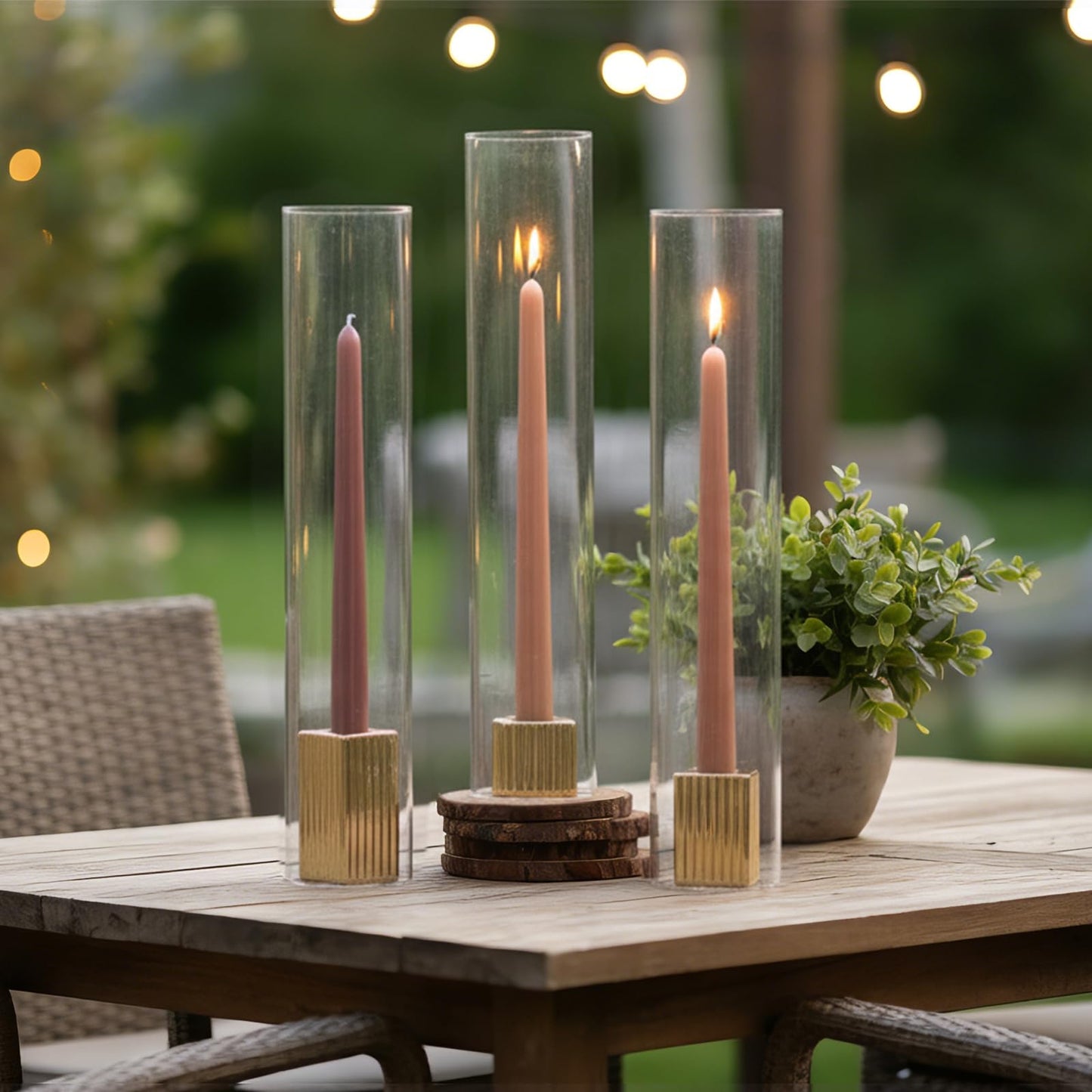 LETINE 14" Tall Hurricane Candle Holders with Gold Ribbed Taper Candle Holders Set of 3– Bulk Windproof Taper Candle Hurricane Glass for Outdoor&Indoors Wedding Centerpiece, Event & Home Decor